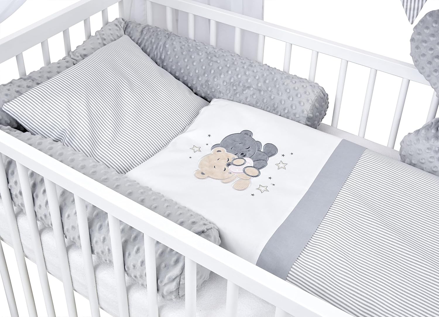 Baby Delux Lettino per Bambini Set Completo Casetta 60x120 cm Bianco con Cassetto Sponda Paracolpi Materasso Biancheria da Letto Set Decorativo (Stelle del Principe)
