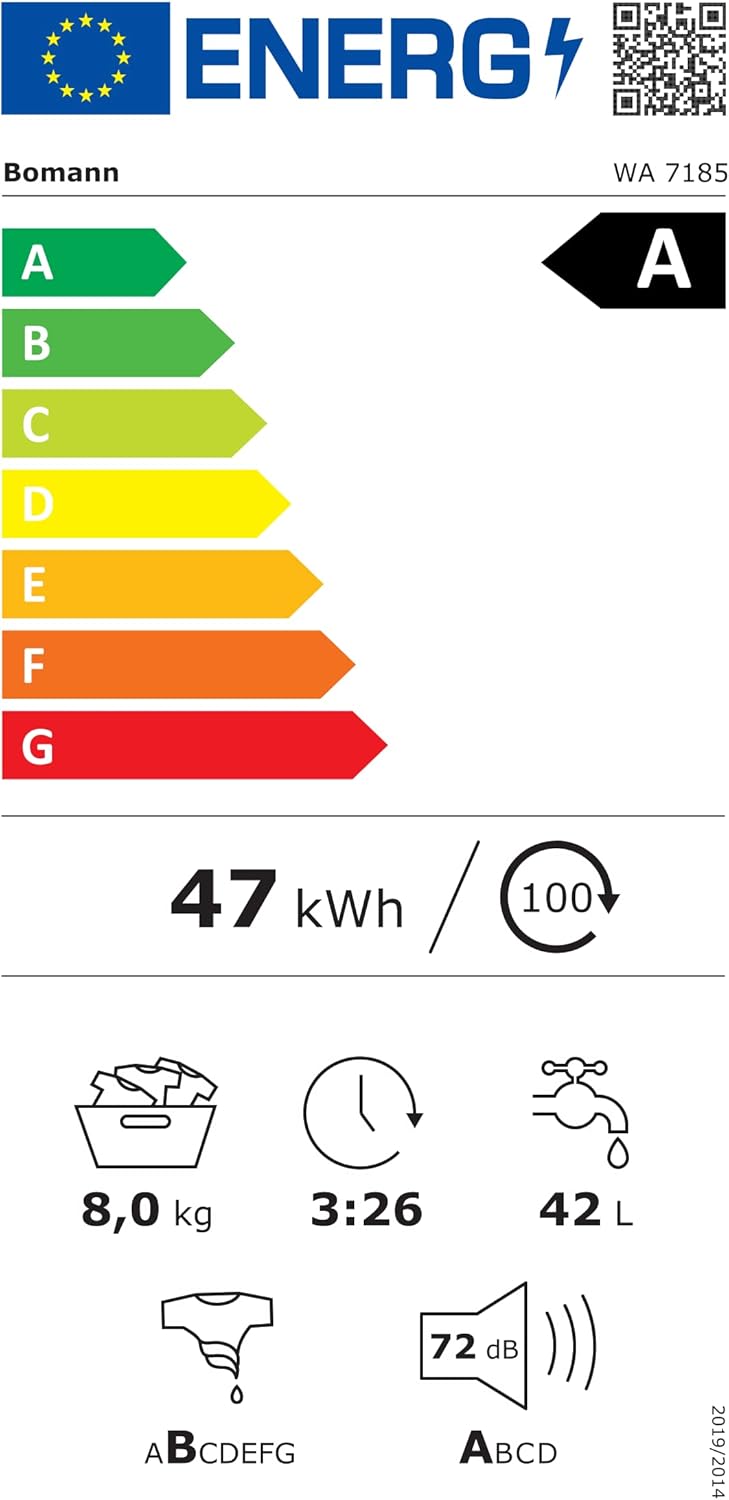 Bomann® Lavatrice 8kg | max. 1400 giri/min | 10 anni di garanzia sul motore | motore inverter robusto, silenzioso e durevole | 15 programmi di lavaggio | display LED | con funzione vapore | WA 7185 Titan - Nero