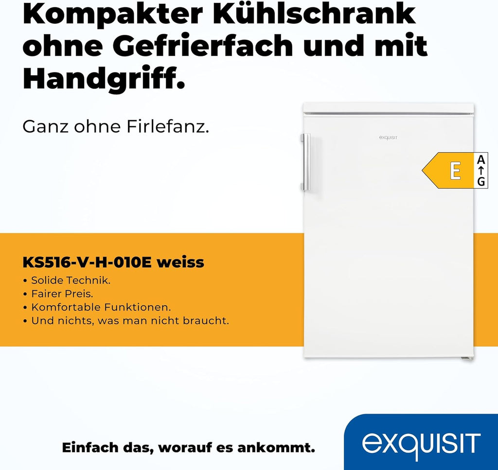 Exquisit Frigorifero senza scomparto congelatore, 133 litri, frigorifero a tutta capacità a libera installazione, cerniera porta reversibile, KS516-V-H-010D bianco