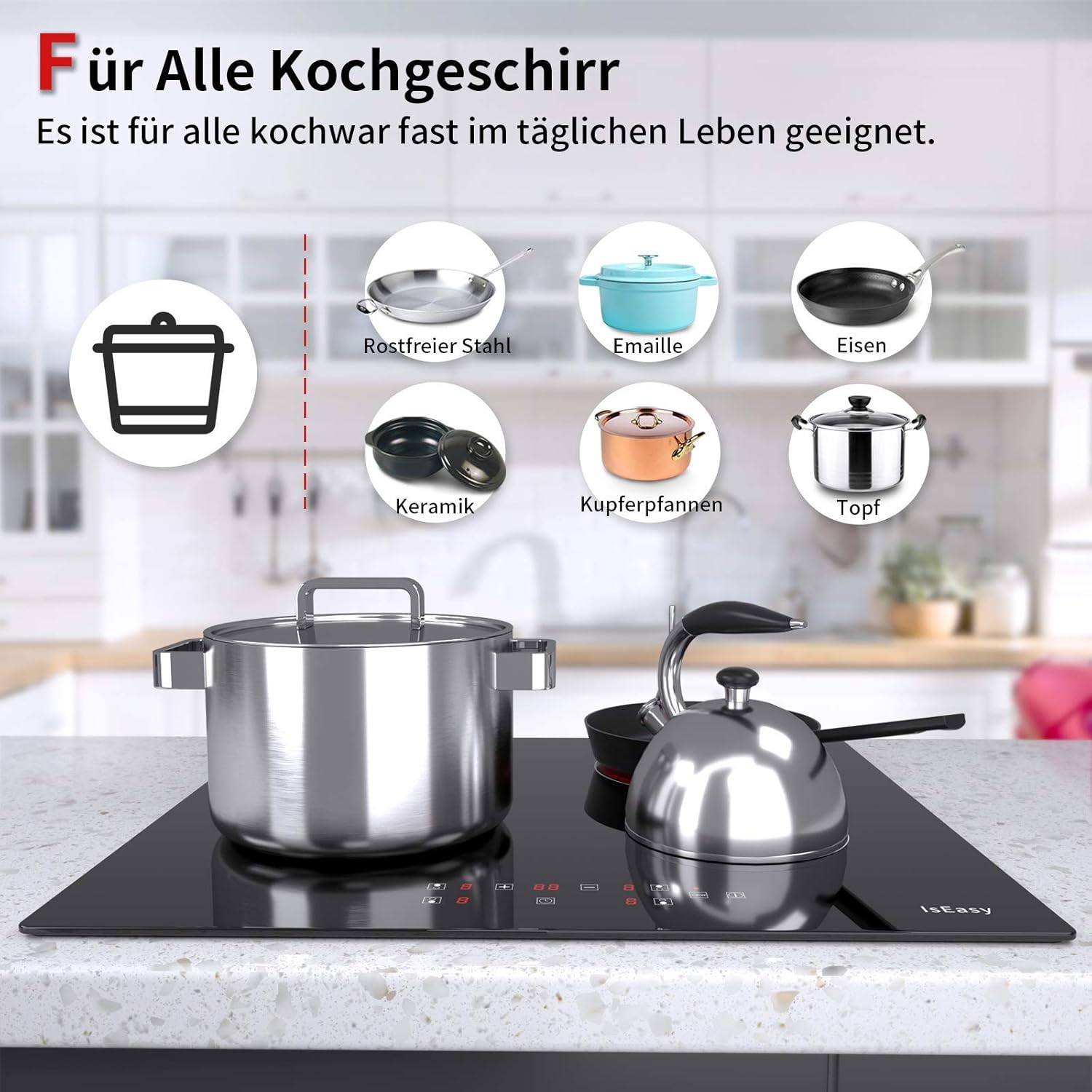 IsEasy 4 Zonen Einbau Induktionskochfeld mit 9 Leistungsstufen &1-99Min Timer, Boost-Funktion, Induktionskochplatte, Induktion Herdplatte mit 4 Platten, 60cm, 6800W, Schwarz