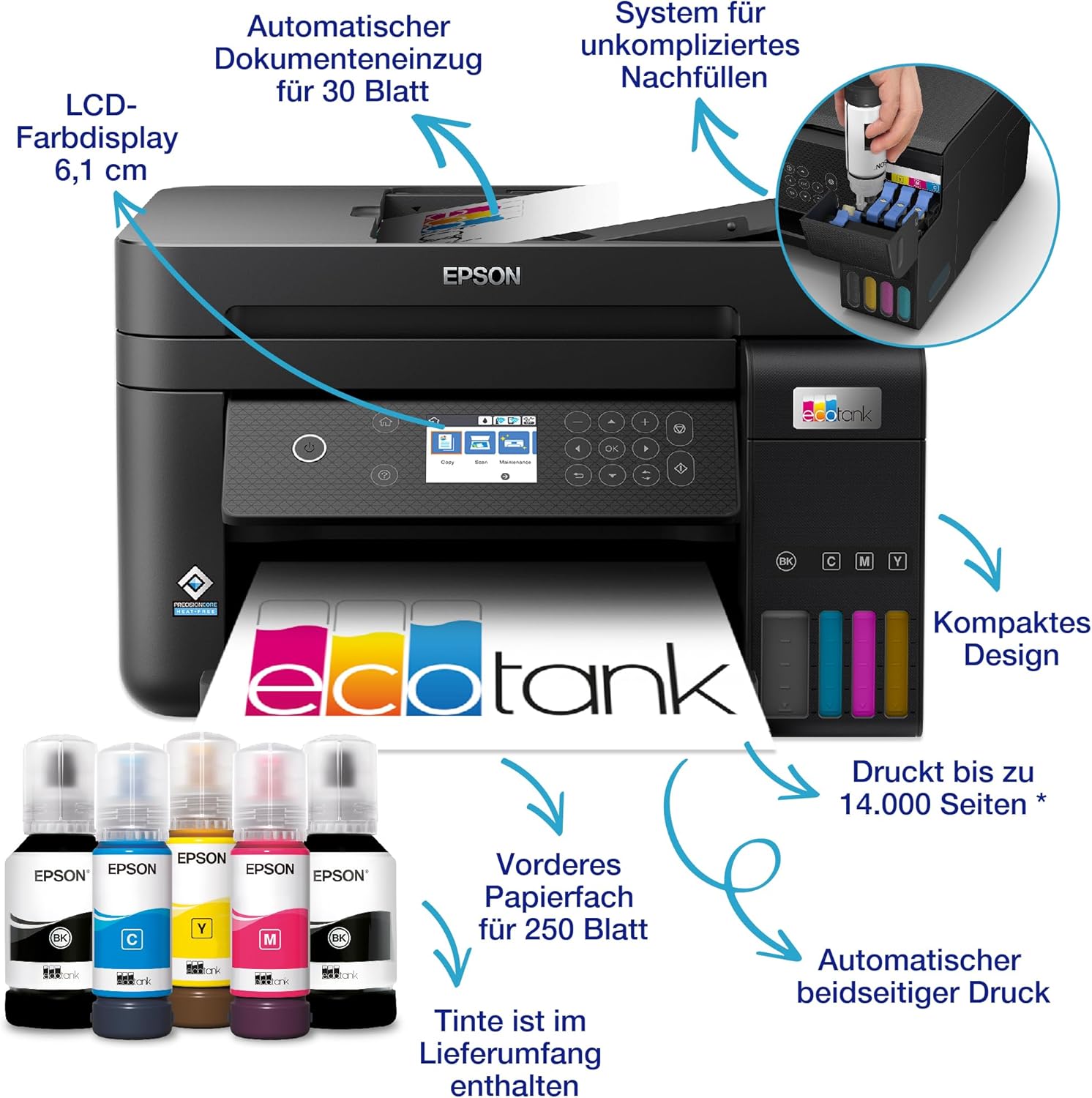 Epson EcoTank ET-4800 Stampante multifunzione A4 con serbatoio di inchiostro e Wi-Fi, con inchiostro incluso per un massimo di 3 anni