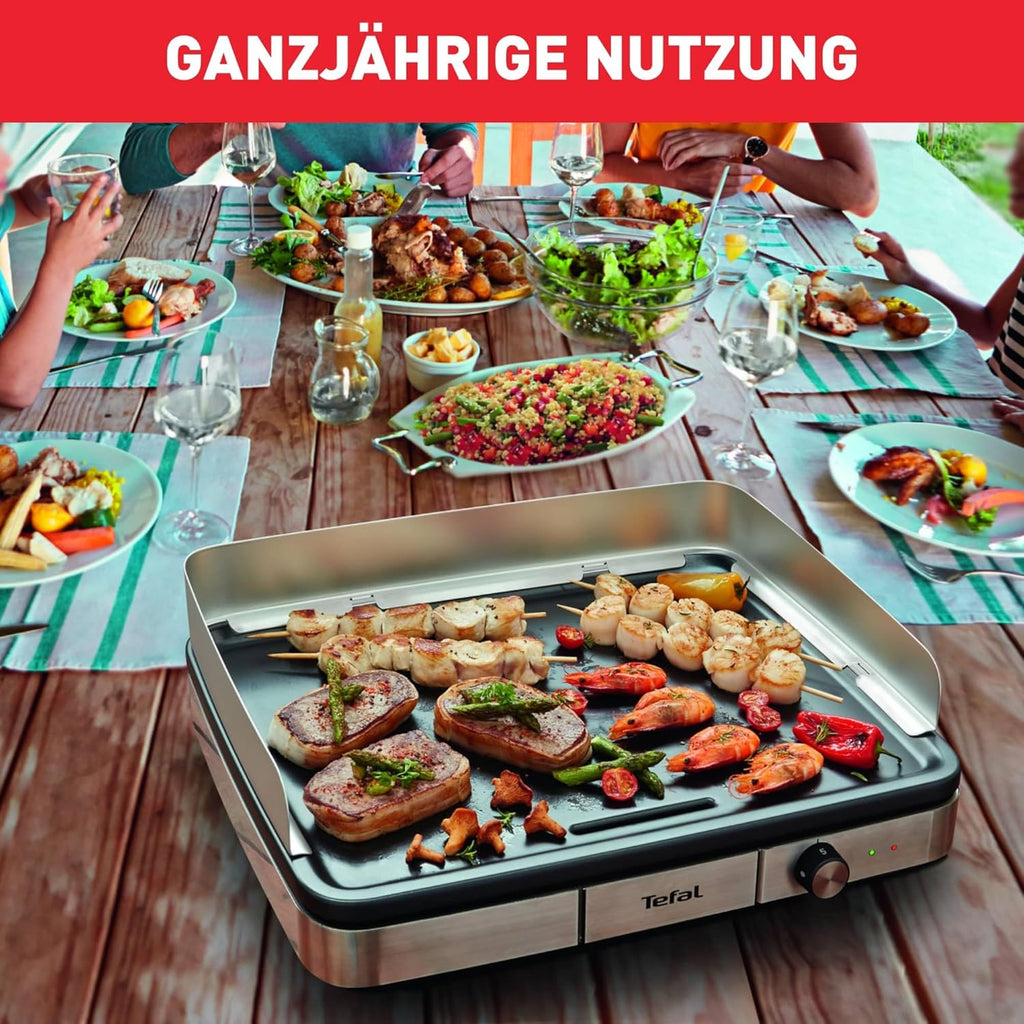 Tefal Maxi Plancha Elektro-Tischgrill CB690D, Extra groß, Antihaft Teppanyaki Platte, Leichte Reinigung, Innen und außen nutzbar, Inkl. abnehmbarem Windschutz + Spatel, 2300W, Schwarz/Silber