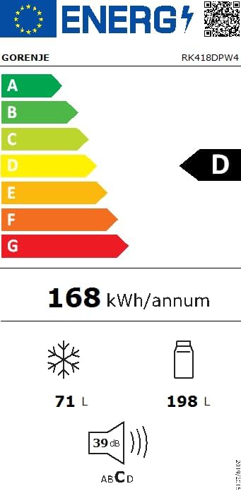 Gorenje RK 418 DPW4 Frigorifero-Congelatore, Classe Energetica D, Vano Verdura CrispZone, Cerniera Porta, Reversibile, Illuminazione Interna LED, Vano Frigorifero 198 Litri, Vano Congelatore 71 Litri, Bianco