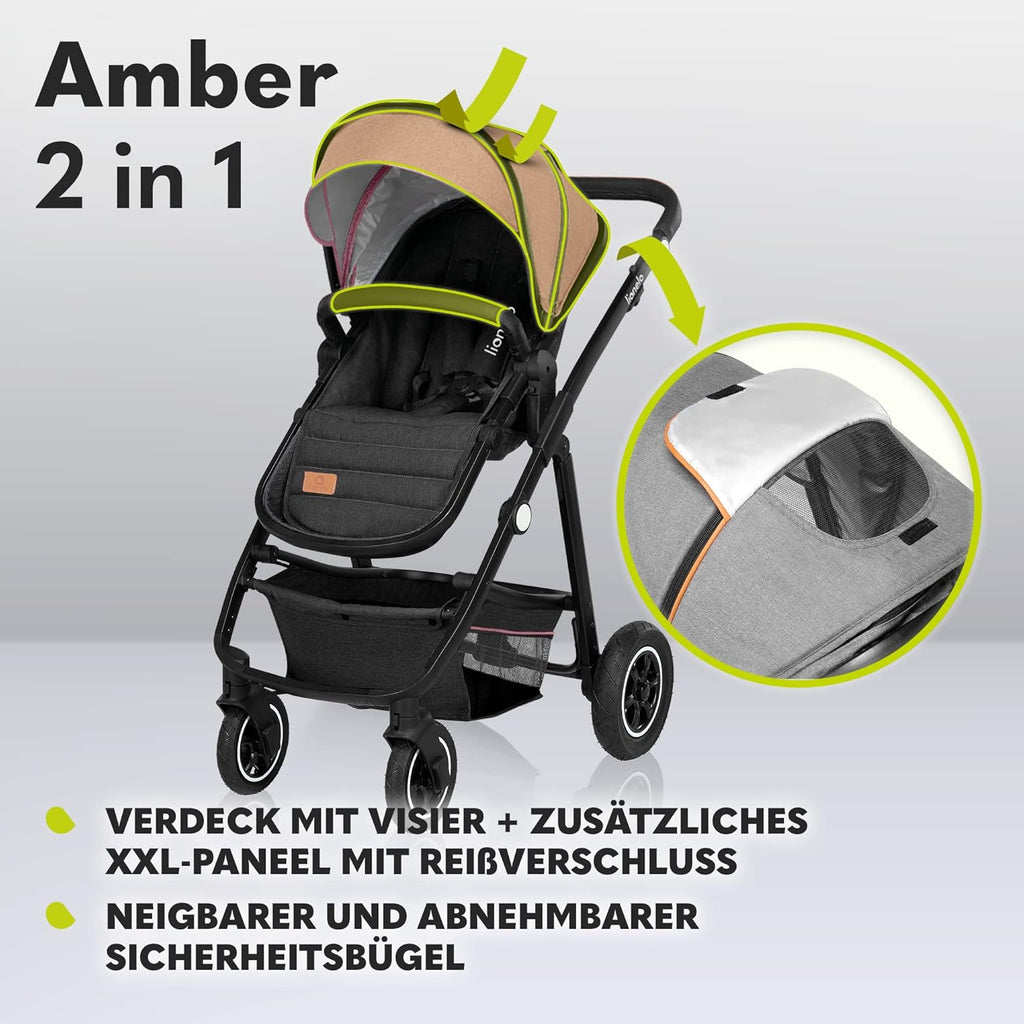 LIONELO Amber Kinderwagen 2 in 1 Kombikinderwagen, Kinderwagen Set mit sportlichen Sitz und fester Babywanne, Tasche, Moskitonetz, Abdeckung Regenblatt (Graphit)