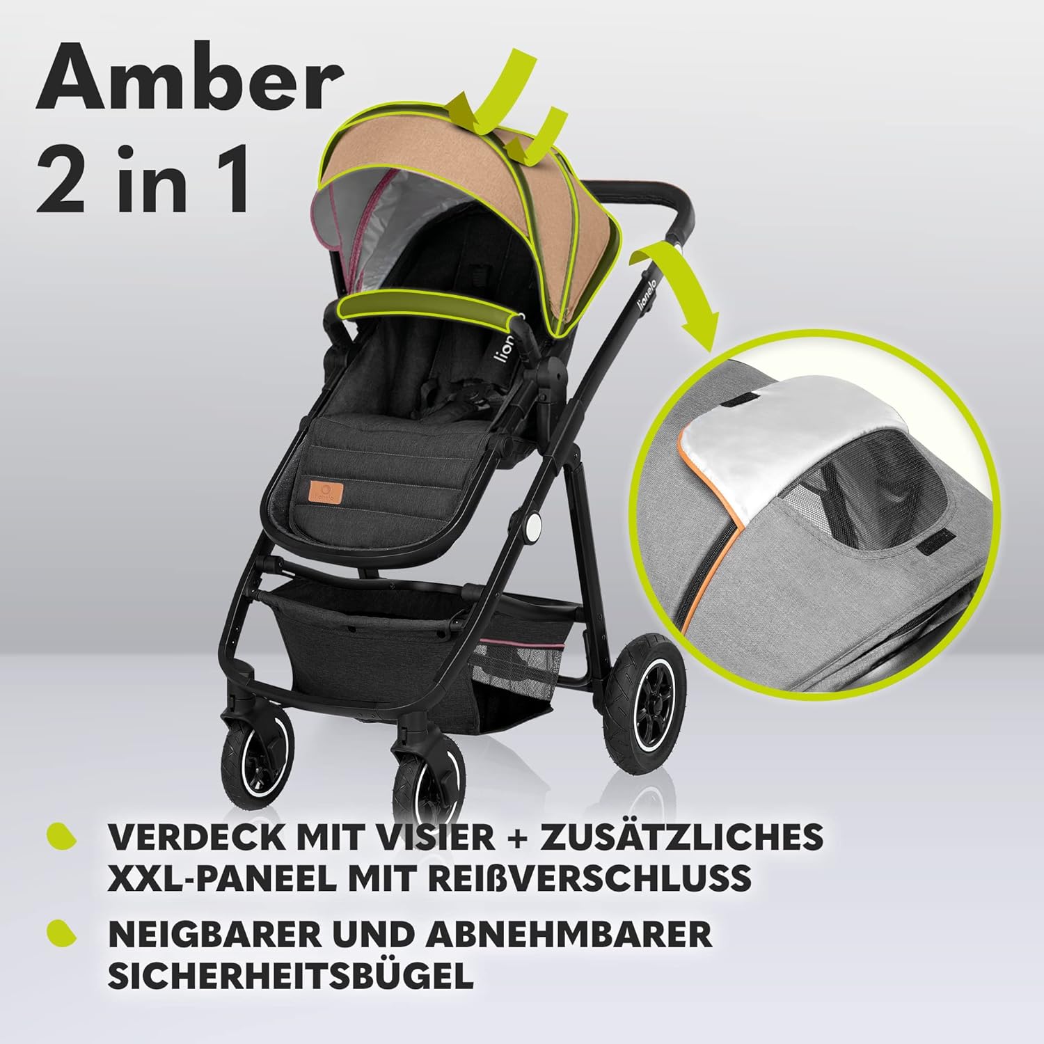 LIONELO Amber Kinderwagen 2 in 1 Kombikinderwagen, Kinderwagen Set mit sportlichen Sitz und fester Babywanne, Tasche, Moskitonetz, Abdeckung Regenblatt (Graphit)