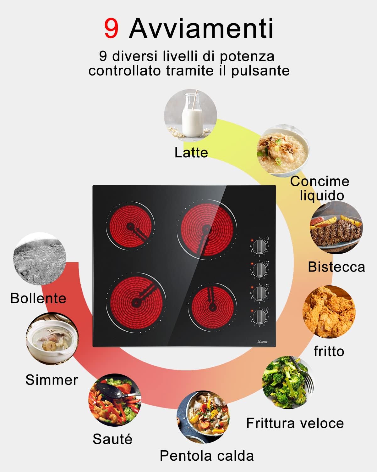 Piano cottura in vetroceramica a 4 zone, sensore touch, controllo autonomo, 60cm, 6000W, 9 livelli di potenza, cablato, senza spina