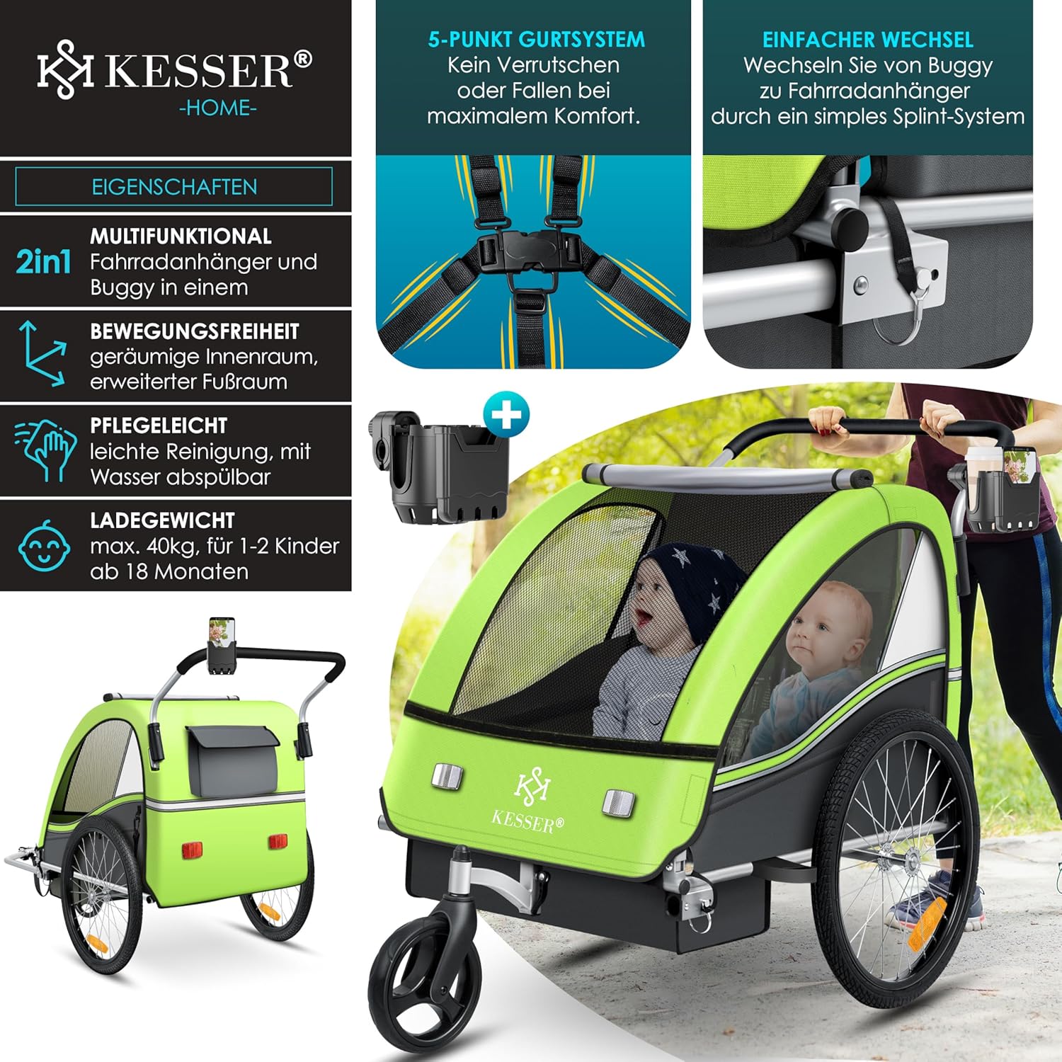 KESSER® Kinderfahrradanhänger Sport-RX 2in1 Jogger & Buggy 5-Punkt-Gurt Sicherheitsgurt 360° Vorderrad Kinderfahrradanhänger Reflektoren für 1-2 Kinder (max. 40 kg) Getränkehalter & Smartphonefach