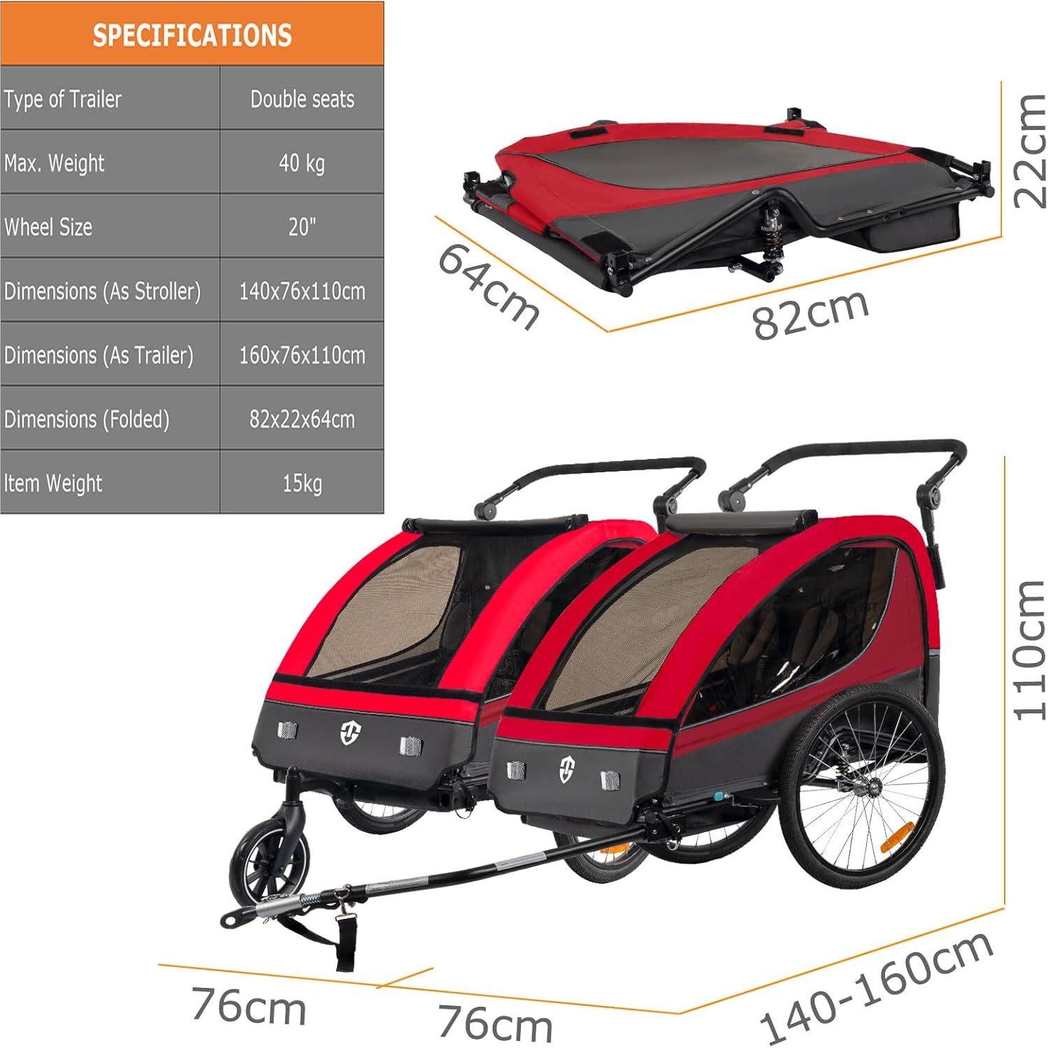 Tiggo VS Kinderanhänger 360° Drehbar mit Federung 2in1 Fahrradanhänger mit Buggy Set Jogger 5-Punkt Gurt Fahrrad Anhänger für 1 bis 2 Kinder max. 40kg