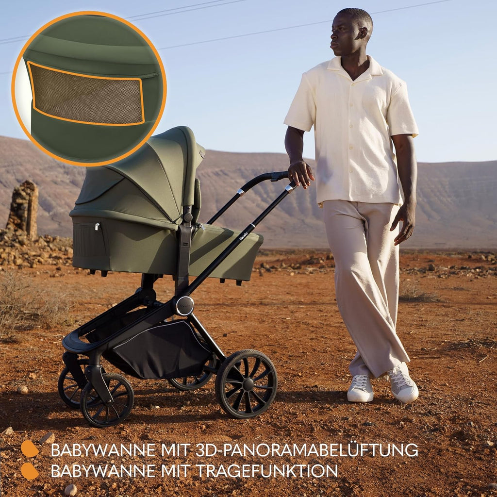 Passeggino LIONELO MIKA PLUS 3-in-1, da 0 a 48 mesi, fino a 22 kg, navicella fino a 9 kg, seggiolino auto fino a 13 kg, schienale regolabile, ammortizzazione, ruote a 360°, cappottina XXL
