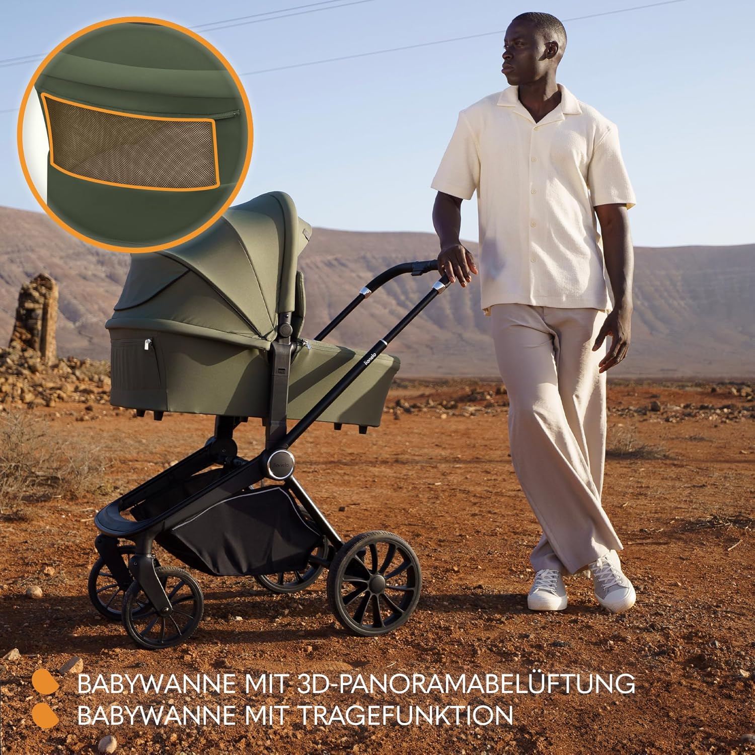 Passeggino LIONELO MIKA PLUS 3-in-1, da 0 a 48 mesi, fino a 22 kg, navicella fino a 9 kg, seggiolino auto fino a 13 kg, schienale regolabile, ammortizzazione, ruote a 360°, cappottina XXL