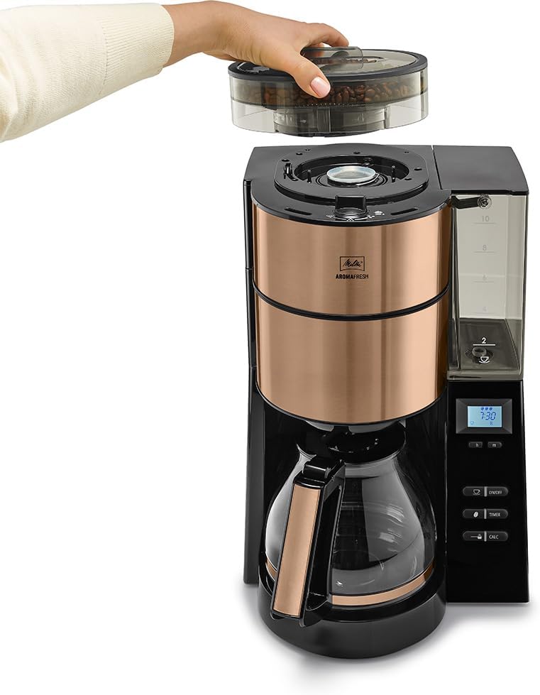 Melitta AromaFresh - Macchina da caffè con filtro - con caraffa in vetro - macinacaffè integrato - funzione timer - 10 tazze - Pure Black