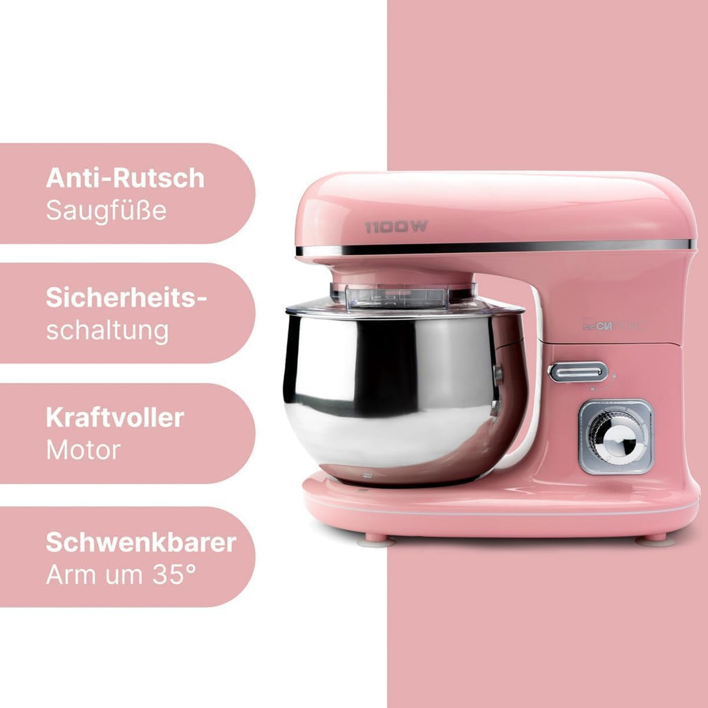 Clatronic Robot da Cucina retrò per impastare | Planetaria 5L con potente motore da 1100W | Impastatrice incluso gancio e frusta | Robot da cucina retrò con paraspruzzi e apertura di riempimento – KM 3711 rosa