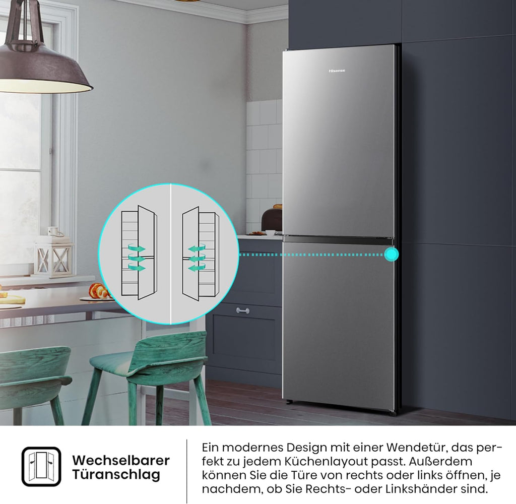 Hisense RB327N4ADD Frigorifero Combinato, Classe Energetica D, Total NoFrost, Porta Reversibile, Griglia Portabottiglie, Vano Frigo 171 Litri, Vano Congelatore 85 Litri, Look Acciaio Inox