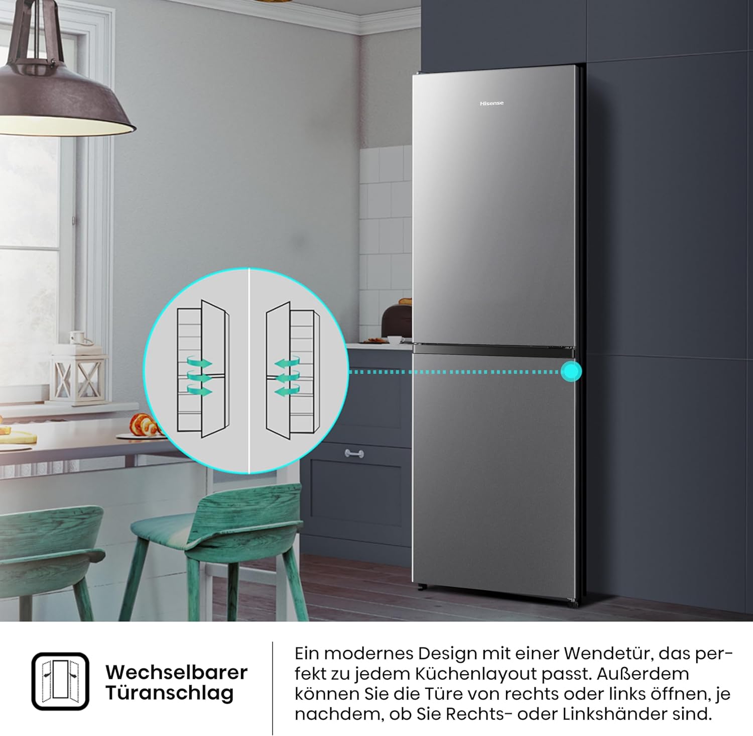 Hisense RB327N4ADD Frigorifero Combinato, Classe Energetica D, Total NoFrost, Porta Reversibile, Griglia Portabottiglie, Vano Frigo 171 Litri, Vano Congelatore 85 Litri, Look Acciaio Inox