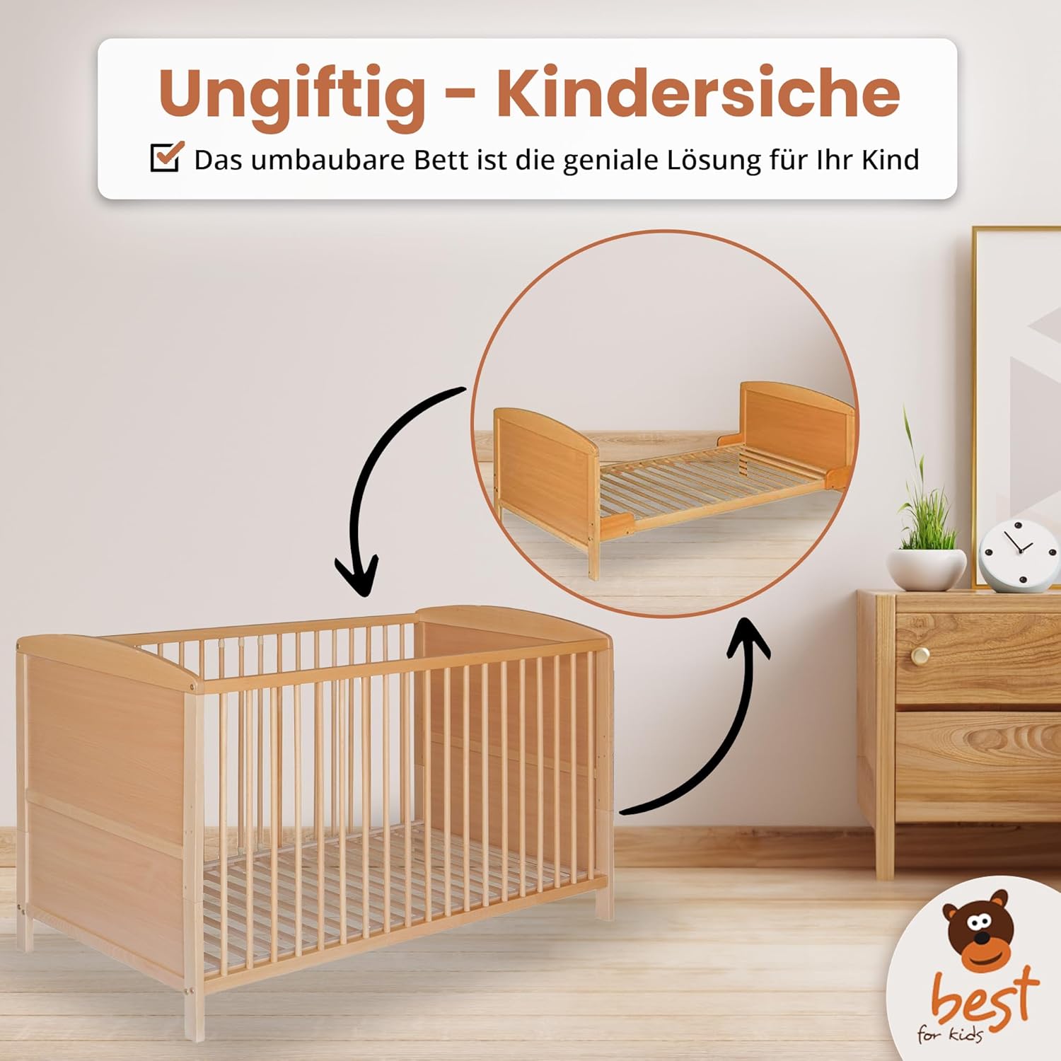 Best for Home - Baby Bett | Babybett 70x140 cm in Weiß und Braunfarbe | Junior Babybett Umbaubar | Cot ohne Matratze | Weiß Komplett Set Bebek Yatagi & Baby Cot | Babybett für Mädchen und Jungen