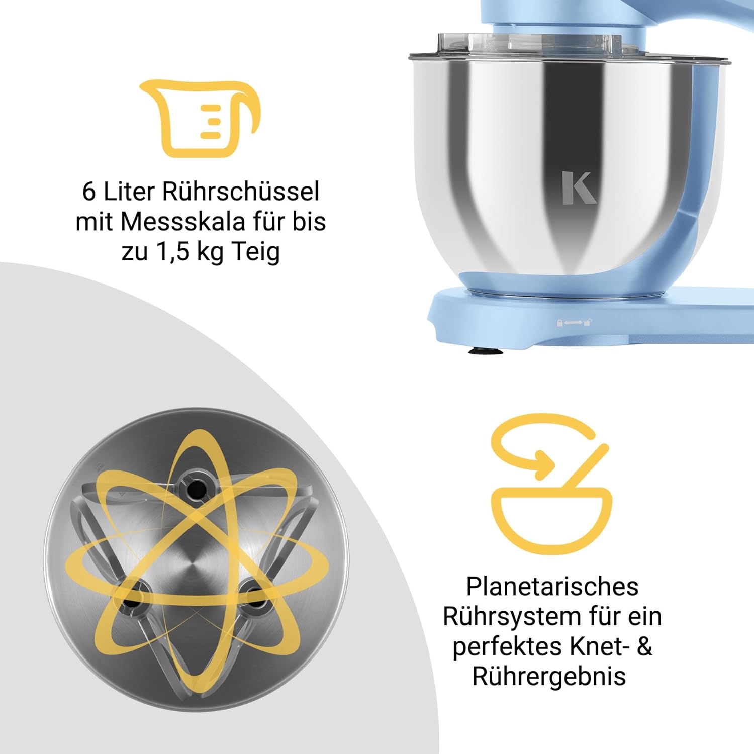 KLAMER Robot da Cucina 1800W, Impastatrice per Pane con Ciotola in Acciaio Inox da 6 L, 10 Velocità con Timer, Movimento Planetario, Frusta a Filo, Gancio Impastatore, Frusta Piatta e Coperchio Paraspruzzi (nero)