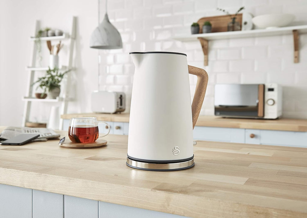 Forno a microonde digitale Swan Nordic da 20 L, 6 livelli di potenza, 800 W, timer da 30 minuti, facile da pulire, modalità scongelamento, design moderno, maniglia effetto legno, bianco opaco