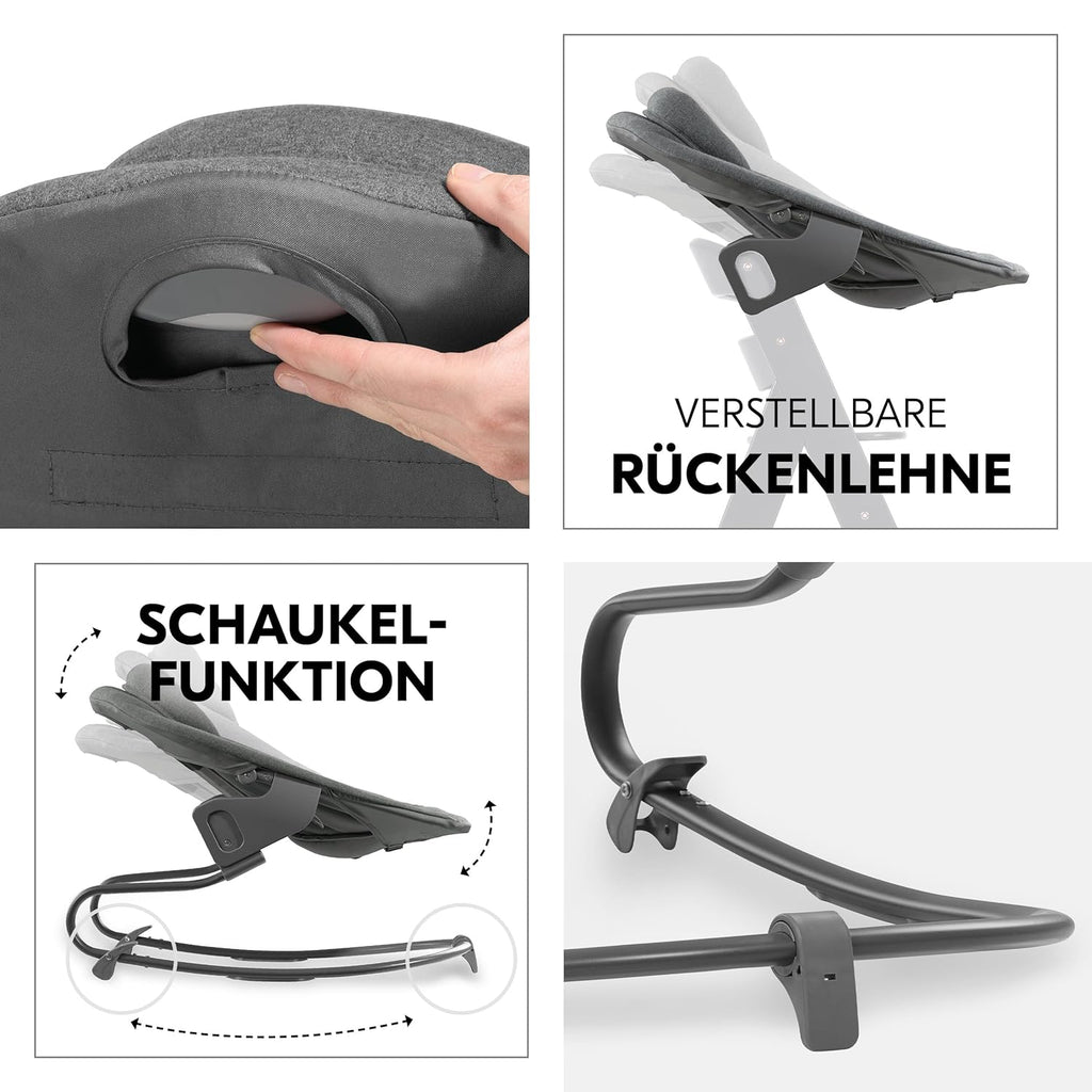 hauck Alpha Plus Newborn Set mit Premium Bouncer Dark Grey - Baby Holz Hochstuhl ab Geburt mit Liegefunktion - extra flacher Aufsatz für Neugeborene & Baumwoll Sitzpolster - Grau