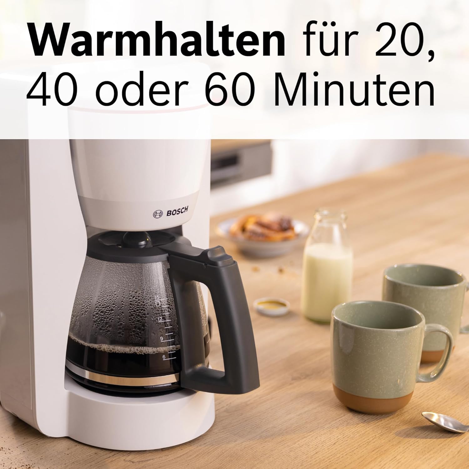 Bosch Filterkaffeemaschine MyMoment TKA3M134, Thermokanne 1 L, für 8-12 Tassen, Tropfstopp, schwenkbarer Filtertrger, Entkalkungsprogramm, abnehmbarer Wassertank, 1200 Watt, Schwarz matt