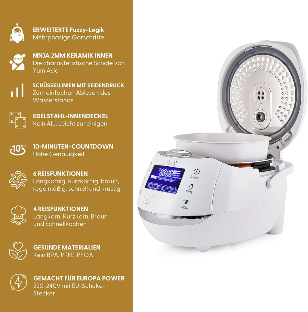 Yum Asia Sakura Cuociriso con Ciotola in Ceramica e Logica Fuzzy Avanzata (8 tazze, 1,5 litri), 6 Funzioni di Cottura Riso, 6 Funzioni Multicooker, Display LED Motouch, 220-240V EU (Nero e Argento)