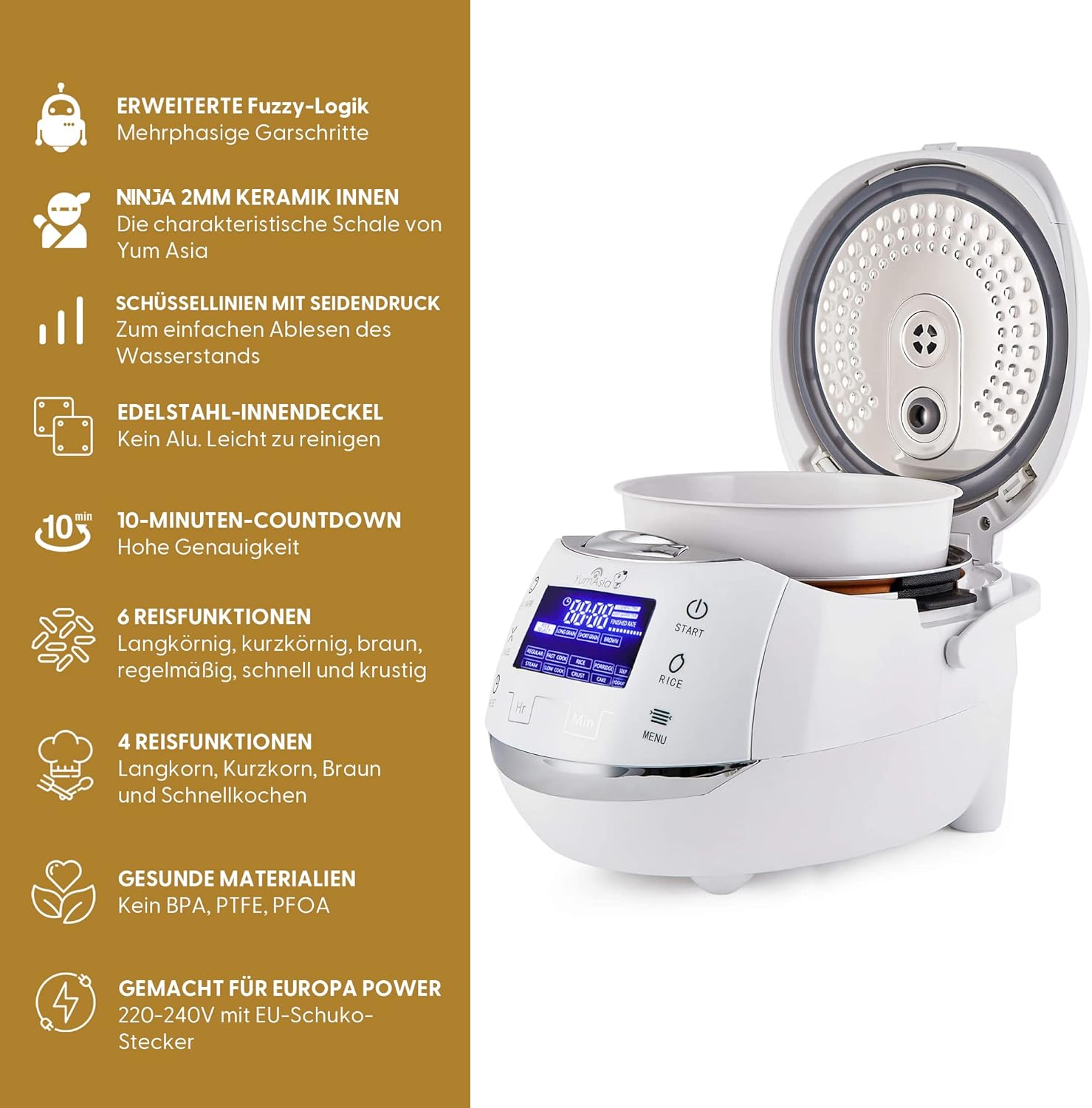 Yum Asia Sakura Cuociriso con Ciotola in Ceramica e Logica Fuzzy Avanzata (8 tazze, 1,5 litri), 6 Funzioni di Cottura Riso, 6 Funzioni Multicooker, Display LED Motouch, 220-240V EU (Nero e Argento)