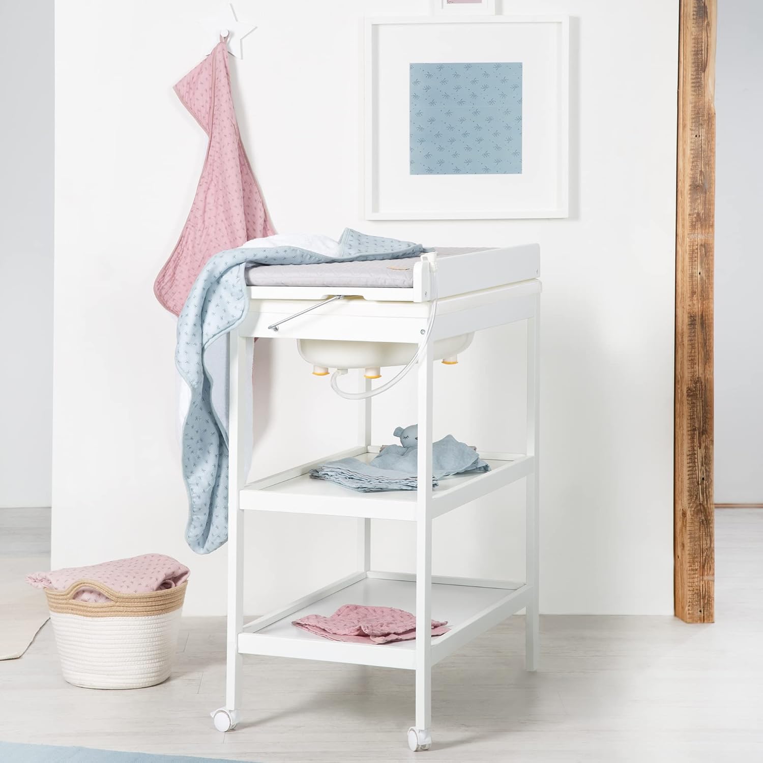 roba Fasciatoio da Bagno Combinato + Materassino Fasciatoio Style grigio - Fasciatoio Mobile Combinato con Vasca Integrata - con piano fasciatoio estraibile - Legno bianco