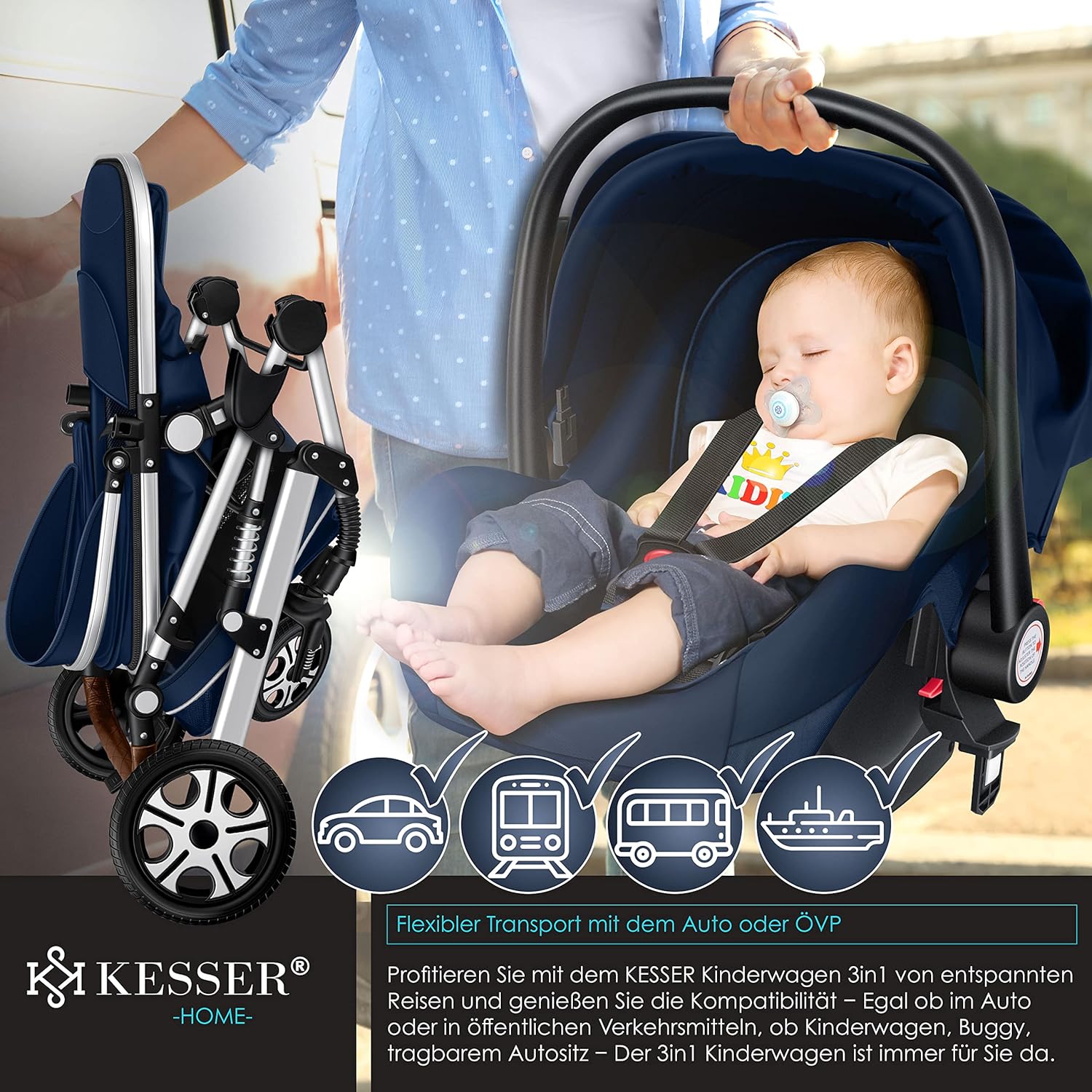 KESSER® Loops Passeggino Trio 3 in 1, Set Completo con Navicella, Seduta Passeggino e Seggiolino Auto Ovetto, Ruote in Gomma Piena, Borsa Fasciatoio, Parapioggia, Tavolino, ECE R129, Nero/Champagne