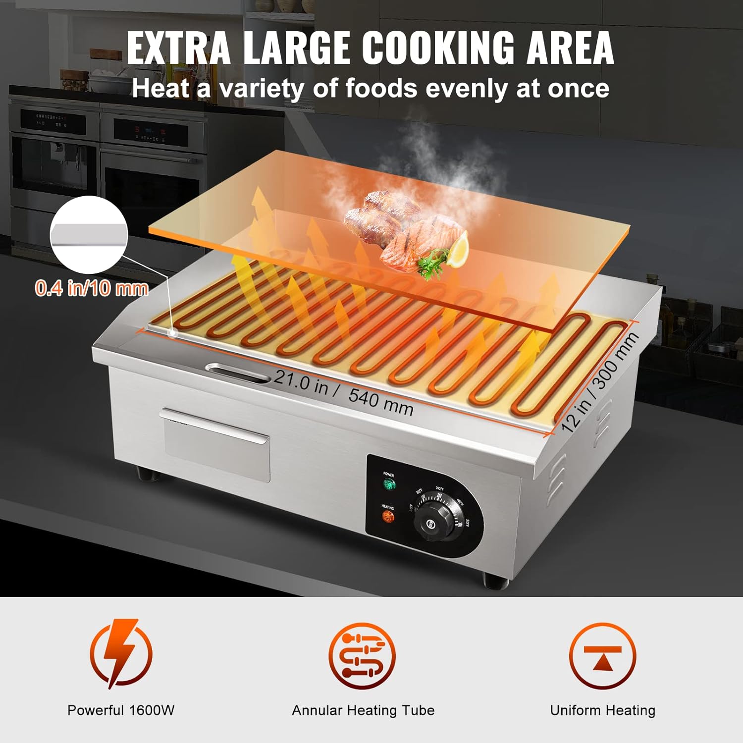 VEVOR Barbecue Elettrico 54 x 30 cm, Piastra Elettrica 3000W, Piastra di Cottura Commerciale in Ferro, Temperatura Regolabile 50 – 300 °C, Facile da Pulire per Barbecue