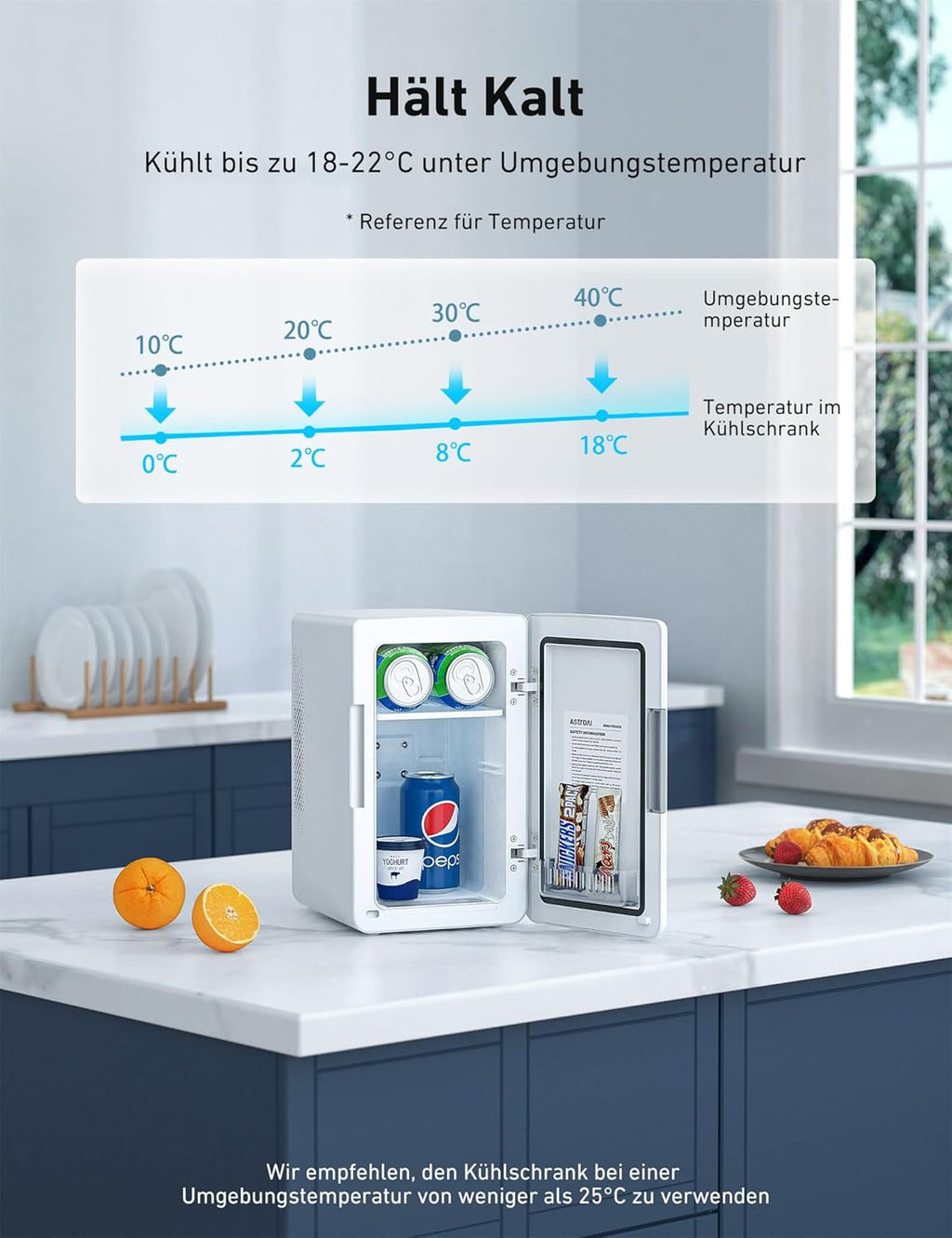 AstroAI 2 in 1 Mini Kühlschrank, 6 Liter Fridge / 8 Dosen mit Kühl- und Heizfunktion, 12V / 220V Steckdose für Autos, Büros und Schlafsle, Schwarz