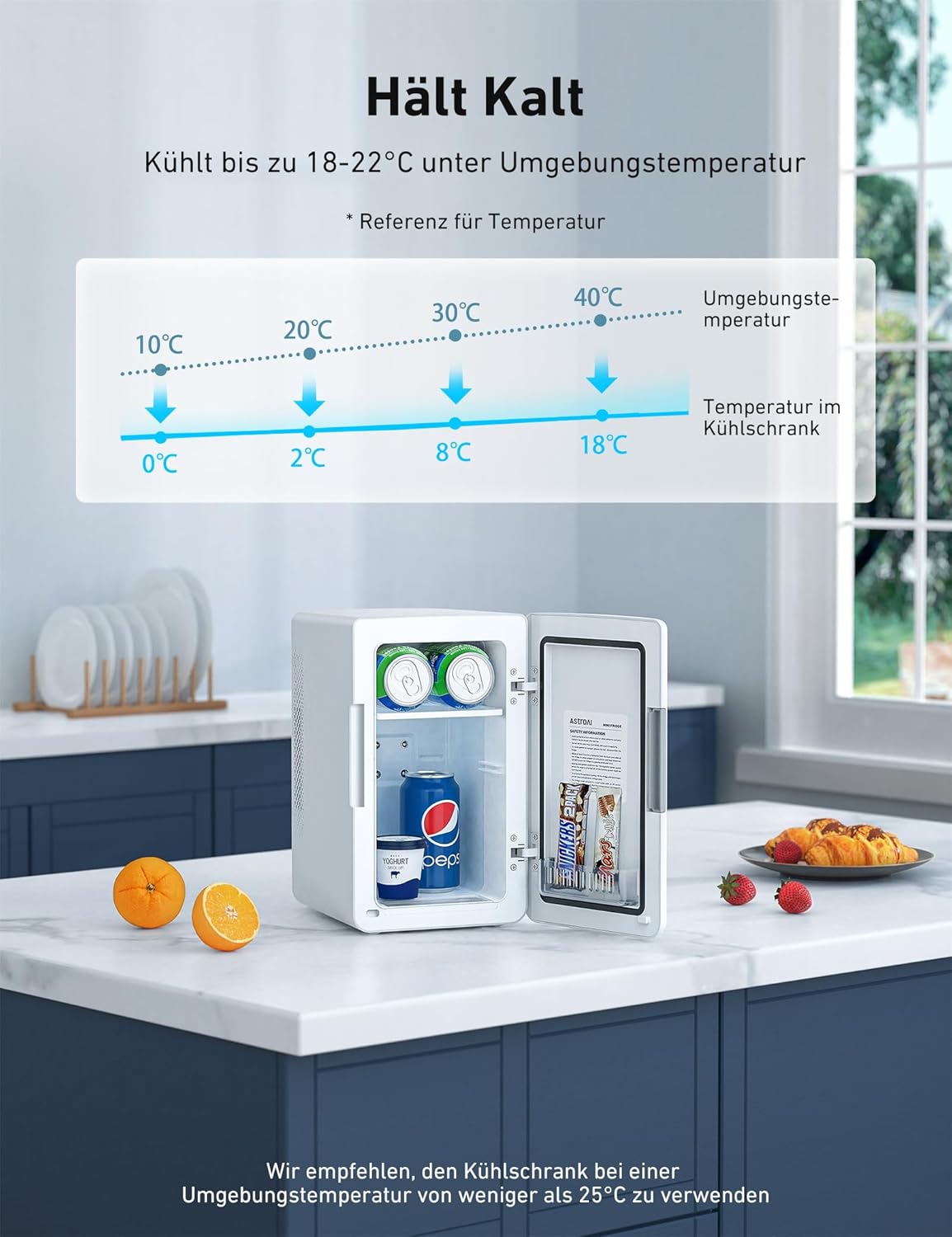 AstroAI 2 in 1 Mini Kühlschrank, 6 Liter Fridge / 8 Dosen mit Kühl- und Heizfunktion, 12V / 220V Steckdose für Autos, Büros und Schlafsle, Schwarz