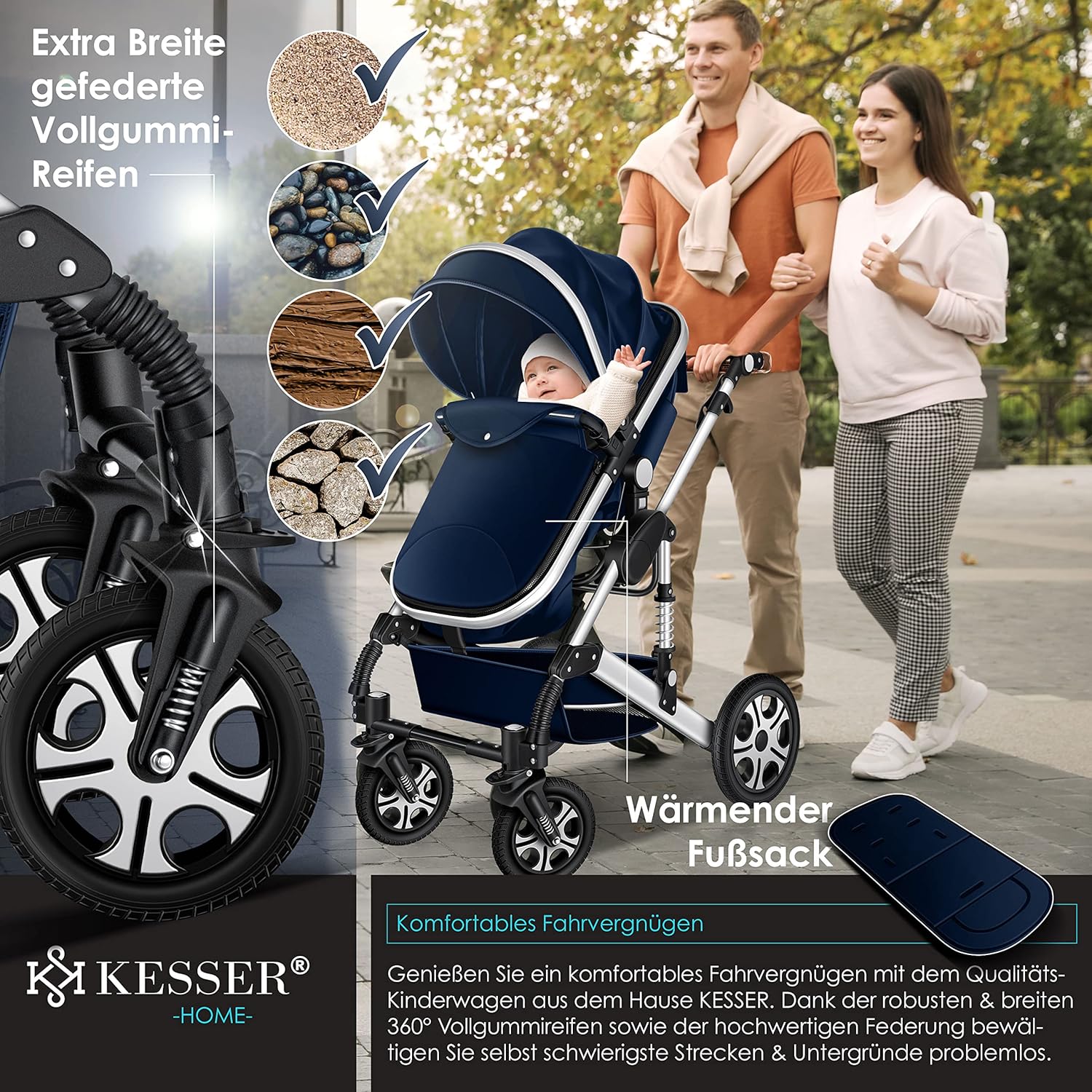 KESSER® Loops Passeggino Trio 3 in 1, Set Completo con Navicella, Seduta Passeggino e Seggiolino Auto Ovetto, Ruote in Gomma Piena, Borsa Fasciatoio, Parapioggia, Tavolino, ECE R129, Nero/Champagne