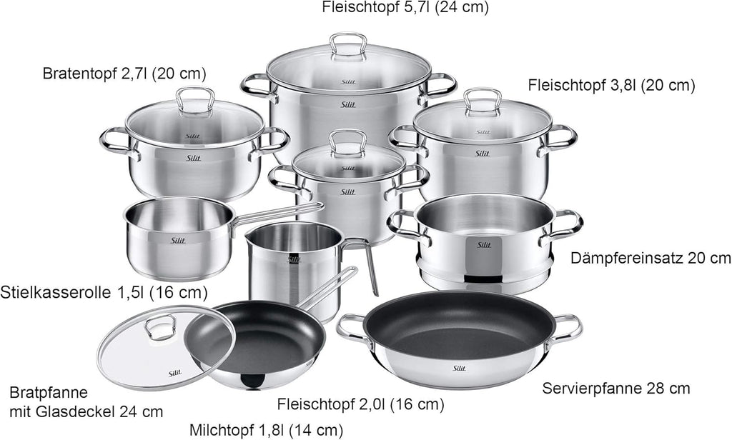 Silit Toskana Set di pentole 10 pezzi, adatto all'induzione, Set di pentole con coperchio in vetro, Pentole a induzione, Bollilatte, Vaporiera, Padella, Acciaio inossidabile parzialmente opaco, Set di pentole a induzione non rivestite