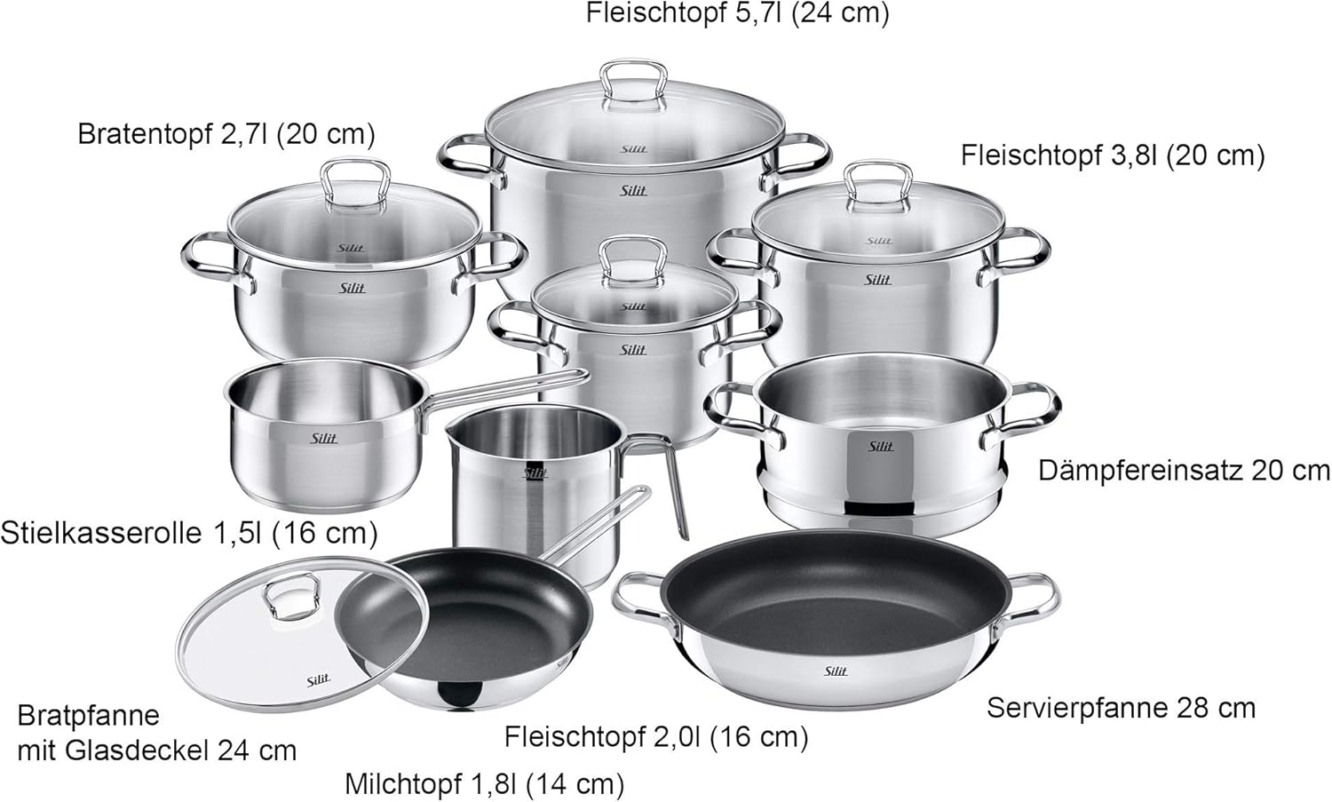 Silit Toskana Set di pentole 10 pezzi, adatto all'induzione, Set di pentole con coperchio in vetro, Pentole a induzione, Bollilatte, Vaporiera, Padella, Acciaio inossidabile parzialmente opaco, Set di pentole a induzione non rivestite