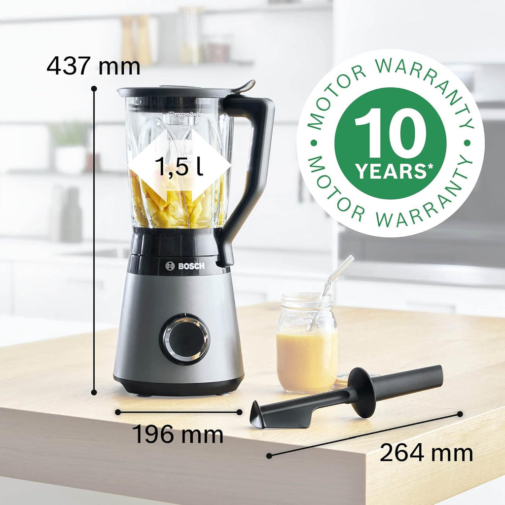 Bosch Standmixer VitaPower Serie 4 MMB6172SN, verbesserte Version, 10 Jahre Motorgarantie, Edelstahl-Klingen, 1,5l Glasbehlter, spülmaschinenfeste Teile, 30,000 U/min, 1200 W, silber