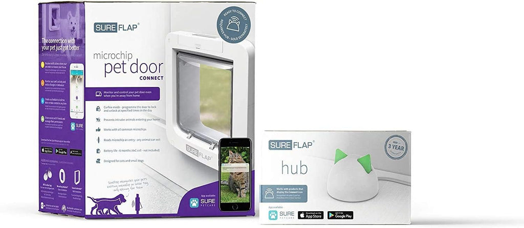 Sure Petcare SureFlap Mikrochip-Haustierklappe Connect mit Hub, Steuerung über Smartphone-App, mit Sperrmodus, Einbau in Türen, Glasscheiben und Wände, für Katzen und kleine Hunde, weiß