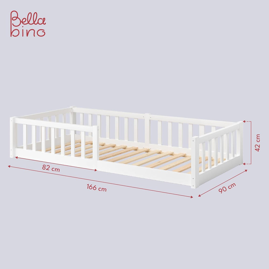 Bellabino Vere Letto a Pavimento 140x200 Montessori, Letto Matrimoniale con Protezione Anticaduta e Rete a Doghe, Letto per Bambini e Bambine in Legno Massello di Pino Bianco con Sbarre