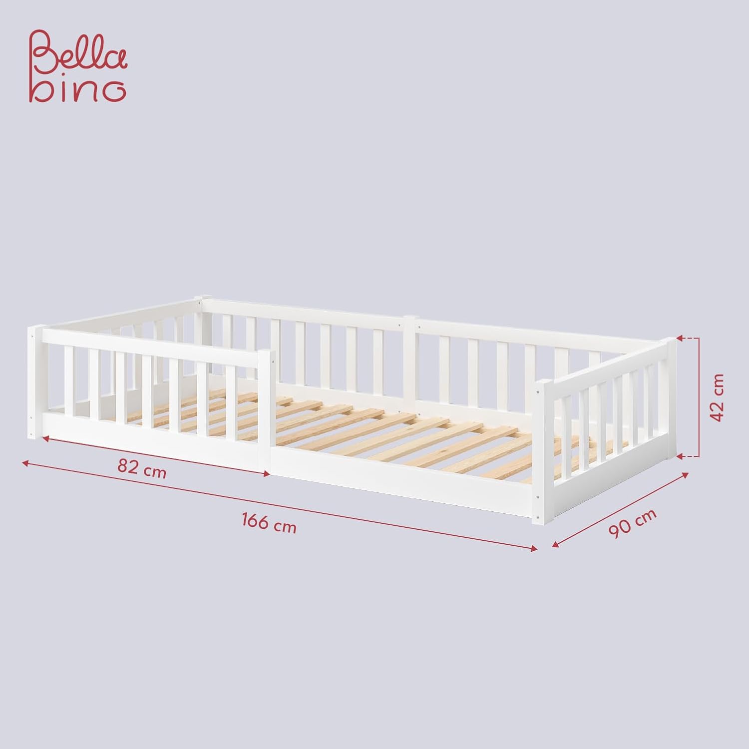 Bellabino Vere Letto a Pavimento 140x200 Montessori, Letto Matrimoniale con Protezione Anticaduta e Rete a Doghe, Letto per Bambini e Bambine in Legno Massello di Pino Bianco con Sbarre