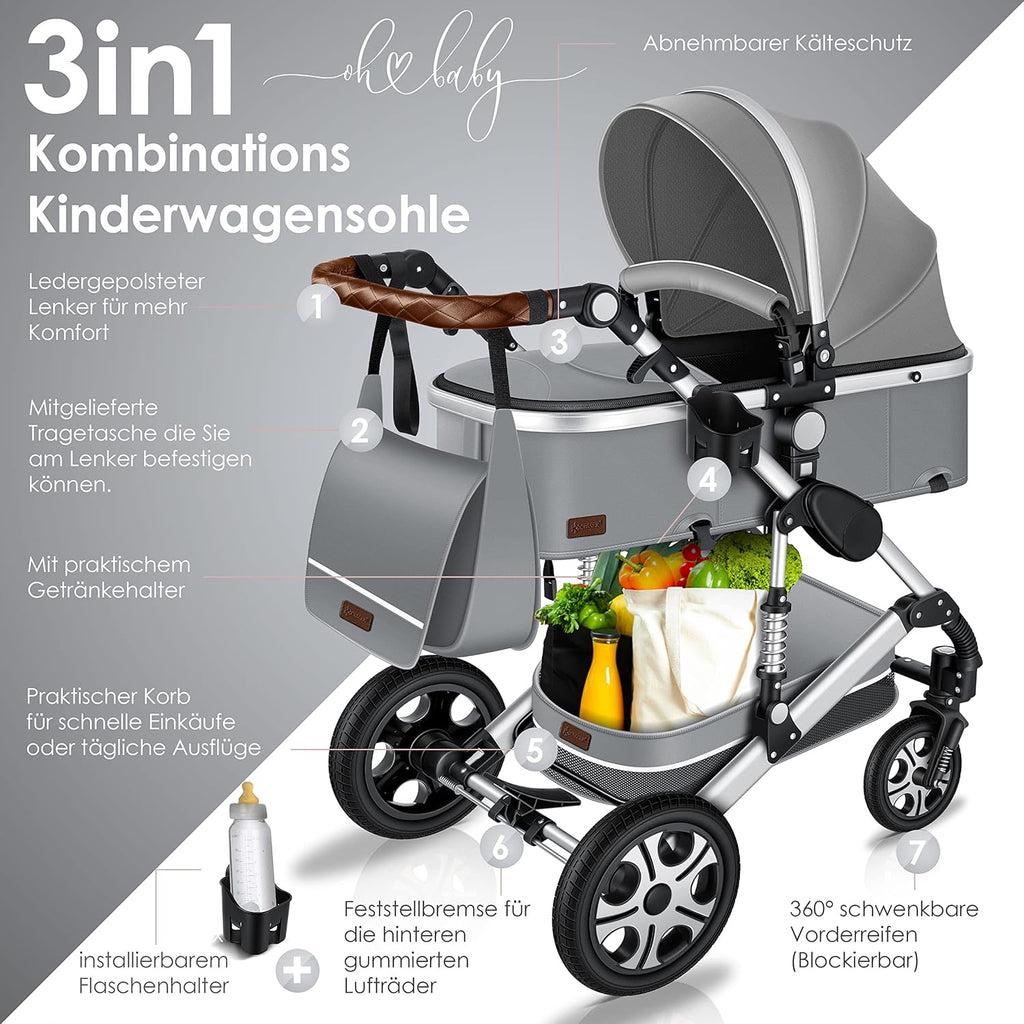 KESSER Passeggino trio Loops 3 in 1, set completo con navicella, seduta sportiva e seggiolino auto con pneumatici in gomma piena, borsa fasciatoio, parapioggia, tavolino, ECE R129, nero/champagne