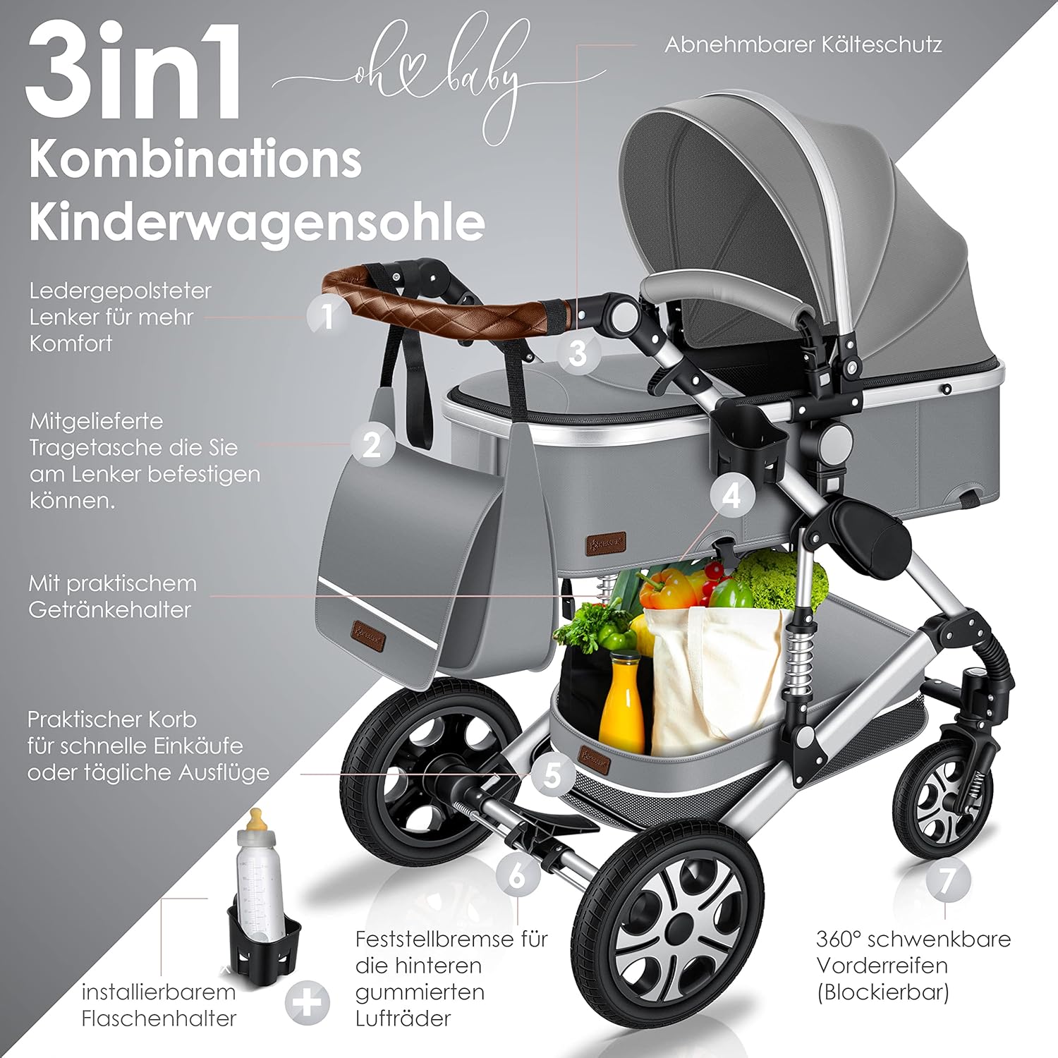 KESSER Loops 3 in 1 Passeggino Combinato, Set Completo con Navicella, Seduta Sportiva Buggy e Seggiolino Auto Ovetto, Gomme Piene, Borsa Fasciatoio, Parapioggia, Tavolino, ECE R129, Nero/Champagne