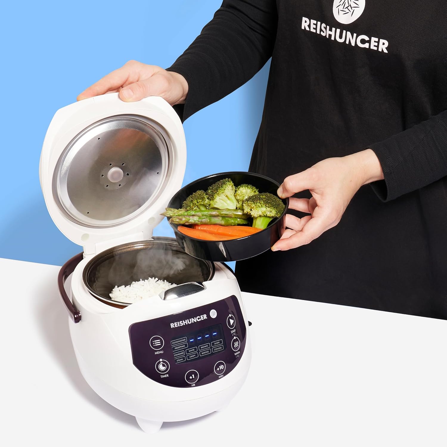 REISHUNGER Cuociriso digitale piccolo, nero | Da 0,6 L fino a 3 persone | Funzione mantenimento calore, timer e pentola premium | Multicooker e vaporiera piccoli, 8 programmi, tecnologia a 7 fasi