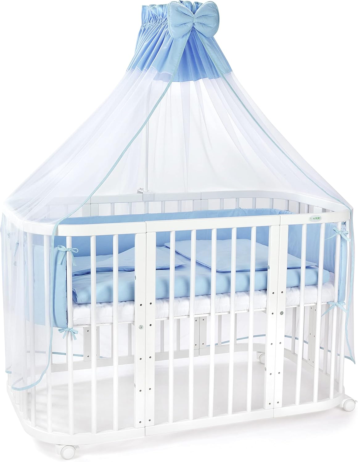 Waldin Lettino per bambini in legno 7in1 con materasso, Letto "Cresci con me", Ventilato, Base regolabile in 5 altezze, Set All-Inclusive, Legno Bianco