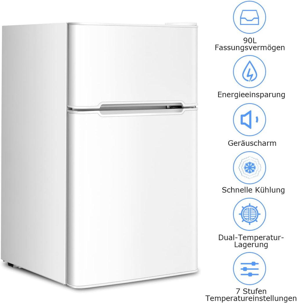 GOPLUS Frigorifero con congelatore - Combinazione frigo-congelatore / Capacità totale 90L, vano congelatore 27L / Termostato regolabile / Illuminazione interna a LED / Cerniera porta reversibile (Bianco)
