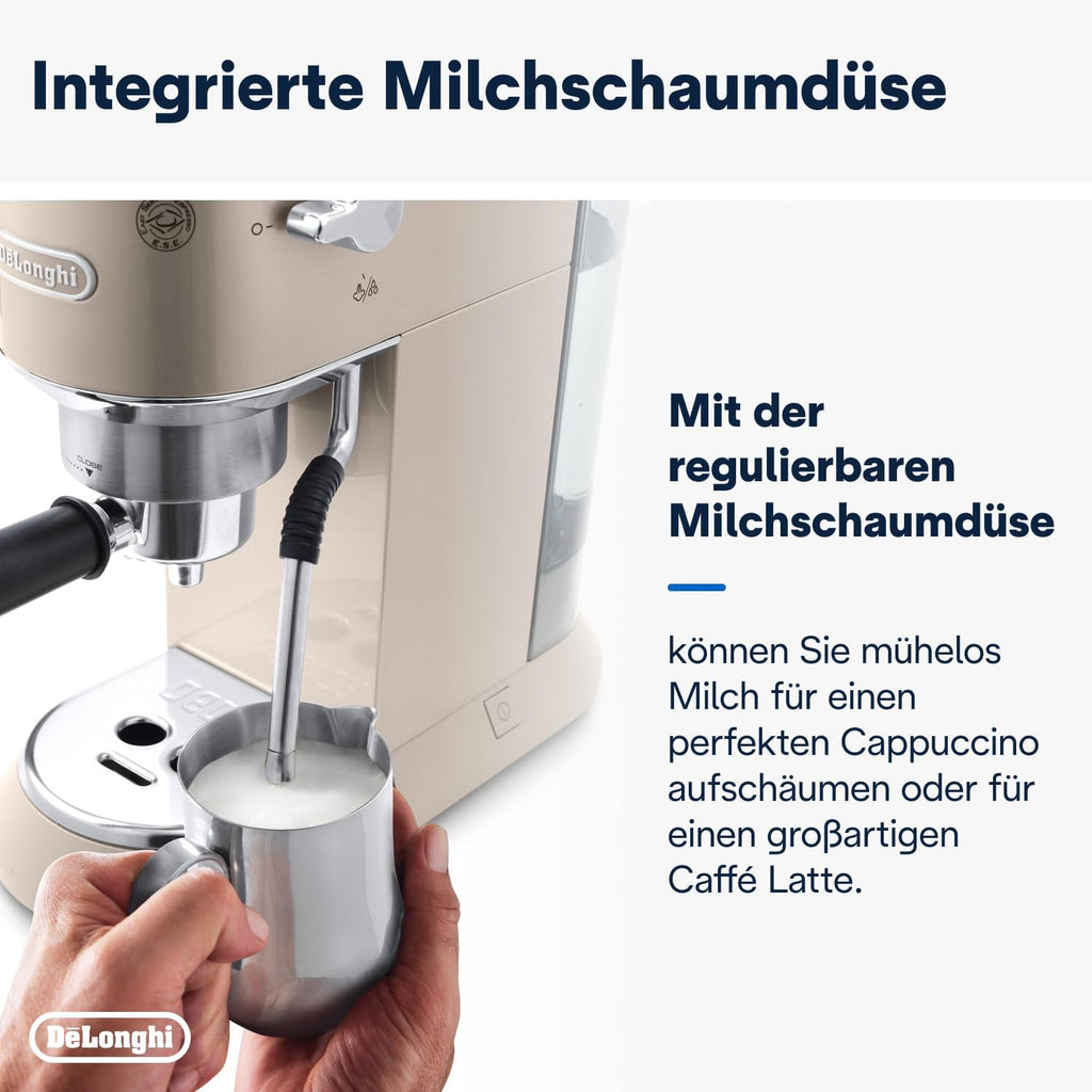 De'Longhi Dedica Style EC 685.M – Macchina da caffè espresso con portafiltro, con montalatte professionale, larga solo 15 cm, per caffè in polvere o cialde ESE, serbatoio dell'acqua da 1 l, argento