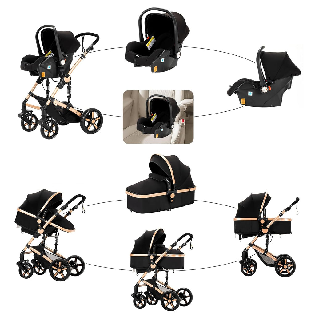 Sianldcone Passeggino 3 in 1, Set Passeggino con Tessuti di Alta Qualità, Sistemi di Viaggio con Spinta Reversibile, Passeggino Combinato a Vista Aperta Set Completo 3 in 1 (V9 Cachi)
