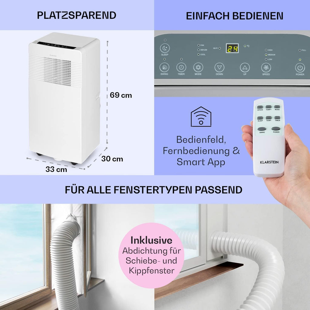 Klarstein Condizionatore Portatile 3 in 1 con Tubo di Scarico, Ventilatore, Deumidificatore e Modalità Notte, Climatizzatore Piccolo e Portatile per Casa e Ufficio, 12000 BTU Basso Consumo