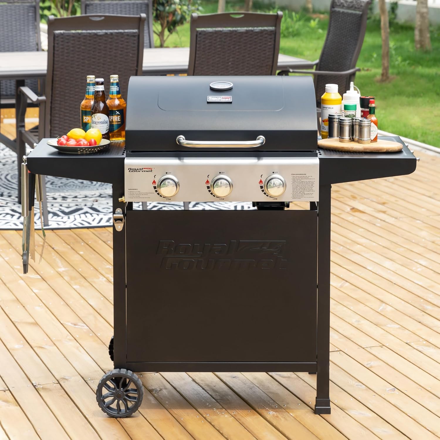 Royal Gourmet Grill a gas carrello 3 bruciatori 9 kW, fornello a gas da campeggio con piastra di cottura, barbecue da giardino con apribottiglie, regolatore di pressione e tubo del gas, griglia di cottura ca. 60 x 42 cm, Nero