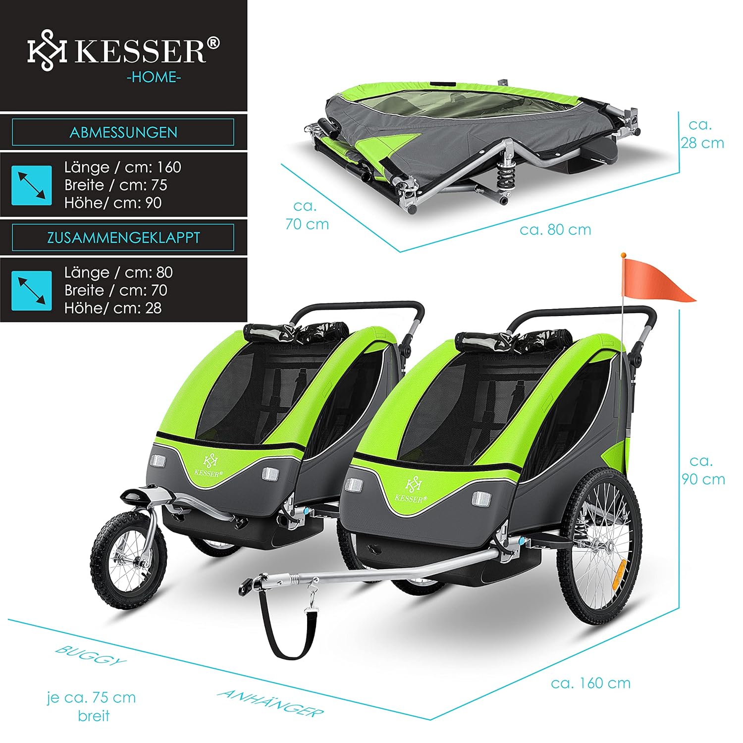 KESSER® Kinderanhänger Fahrradanhänger 360° Drehbar mit Federung 2in1 Joggerfunktion Kinderfahrradanhänger + 5-Punkt Gurt Jogger Fahrrad Anhänger für 1 bis 2 Kinder max. 40kg Inkl. Warnfahne Hellgrau