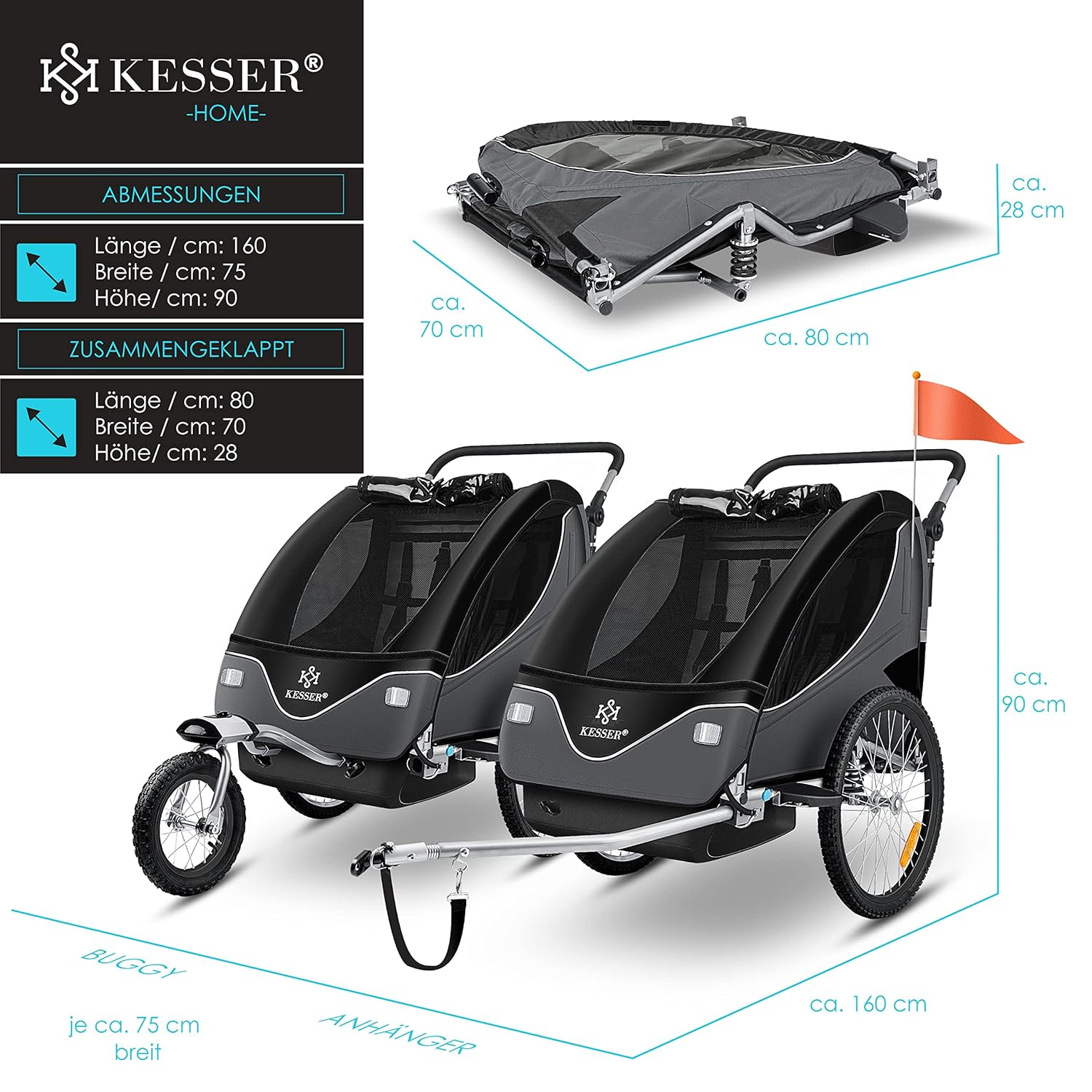 KESSER® Kinderanhänger Fahrradanhänger 360° Drehbar mit Federung 2in1 Joggerfunktion Kinderfahrradanhänger + 5-Punkt Gurt Jogger Fahrrad Anhänger für 1 bis 2 Kinder max. 40kg Inkl. Warnfahne Hellgrau