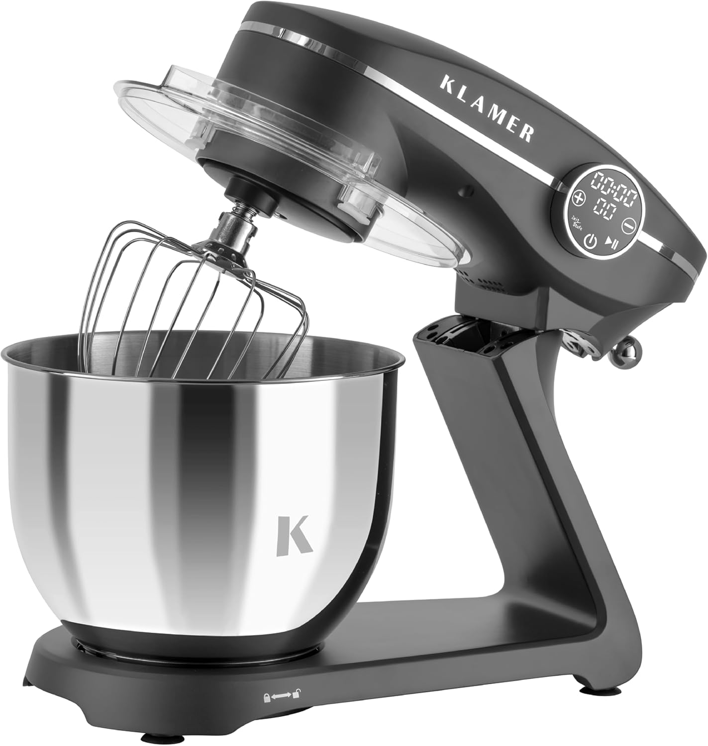 KLAMER Robot da Cucina 1800W, Impastatrice per Pane con Ciotola in Acciaio Inox da 6 L, 10 Velocità con Timer, Movimento Planetario, Frusta a Filo, Gancio Impastatore, Frusta Piatta e Coperchio Paraspruzzi (nero)