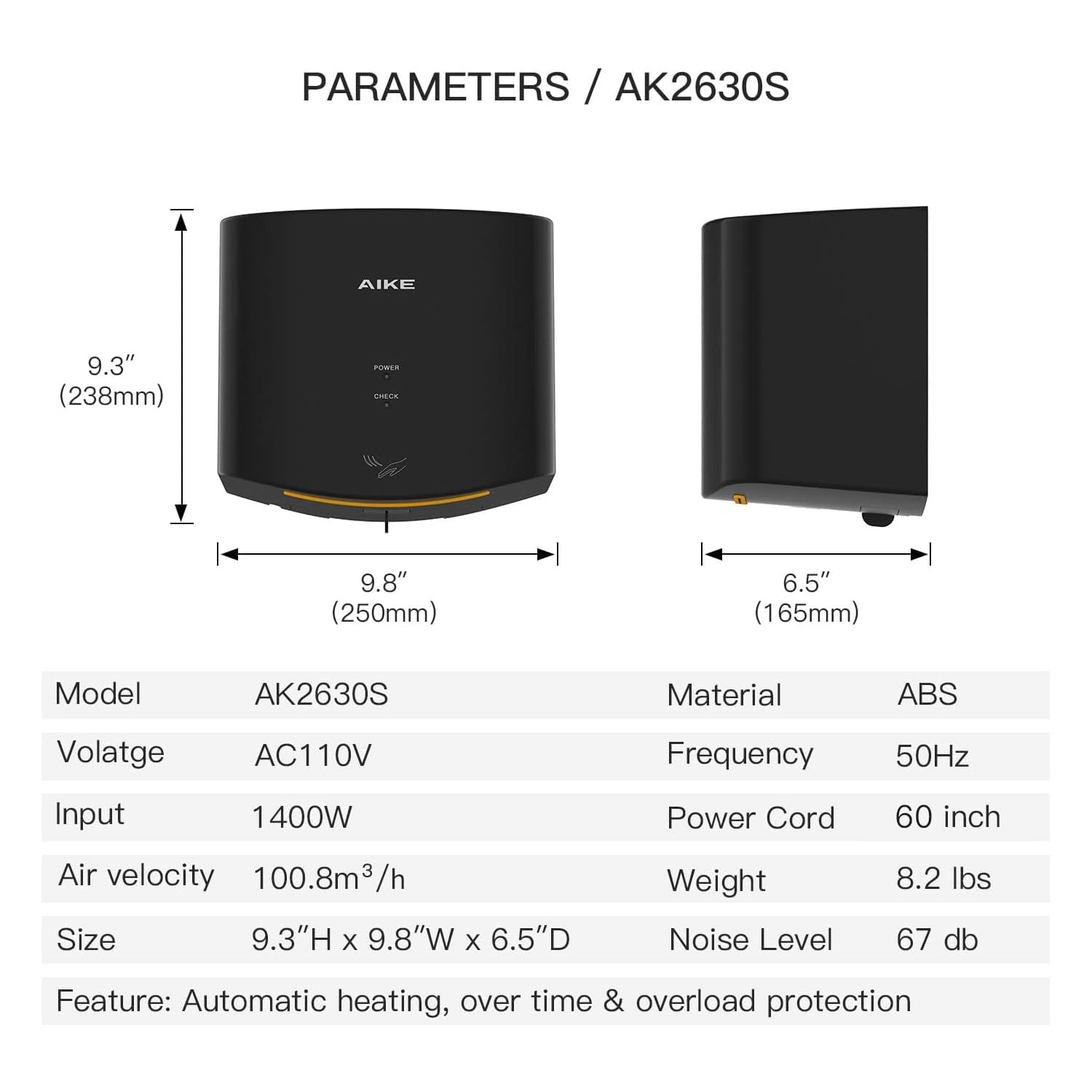 AIKE Hndetrockner 10 Sekunden Trocknen Energiesparend Kommerziell Elektrischer Hndetrockner Automatisch für Küche Badezimmer Toilette AK2630S 220V 1400W Silber
